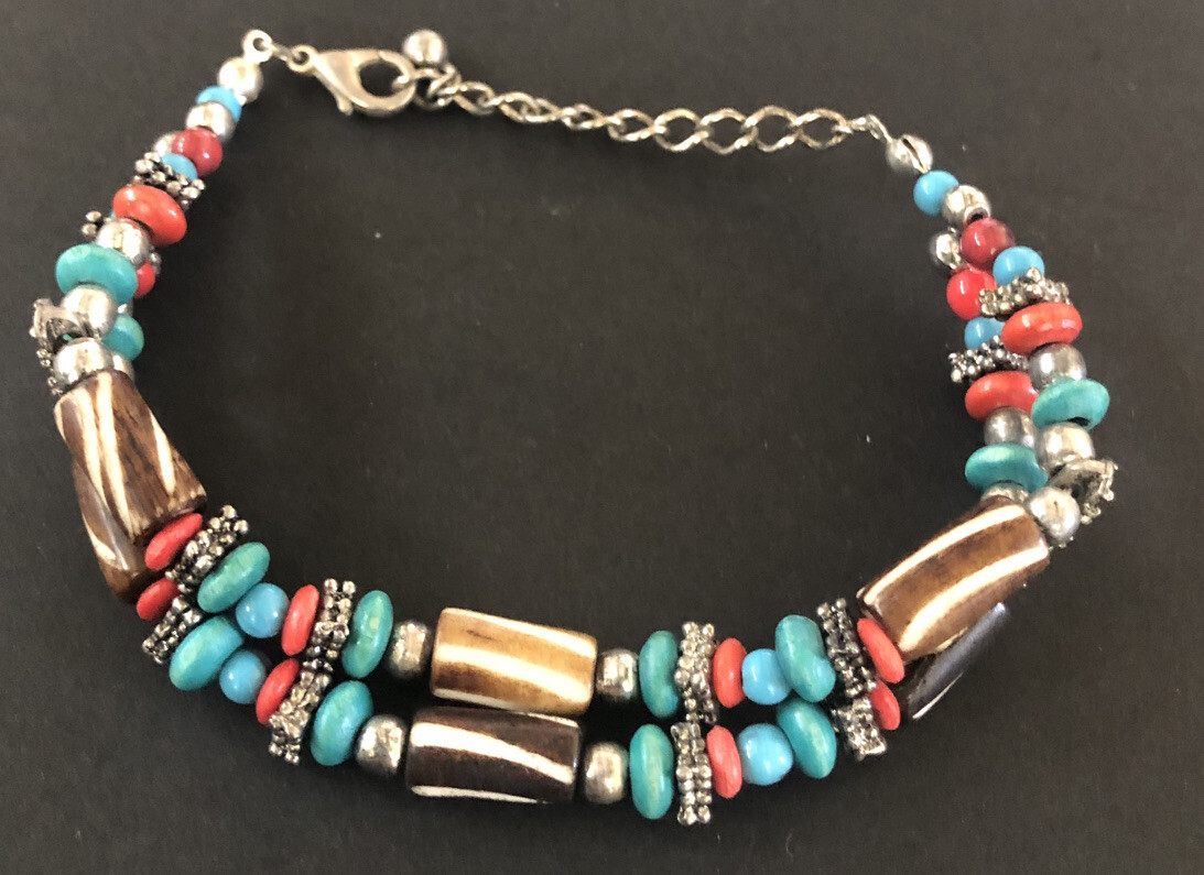 Turquose Red Brown Bead Adjustable Clasp Bracelet