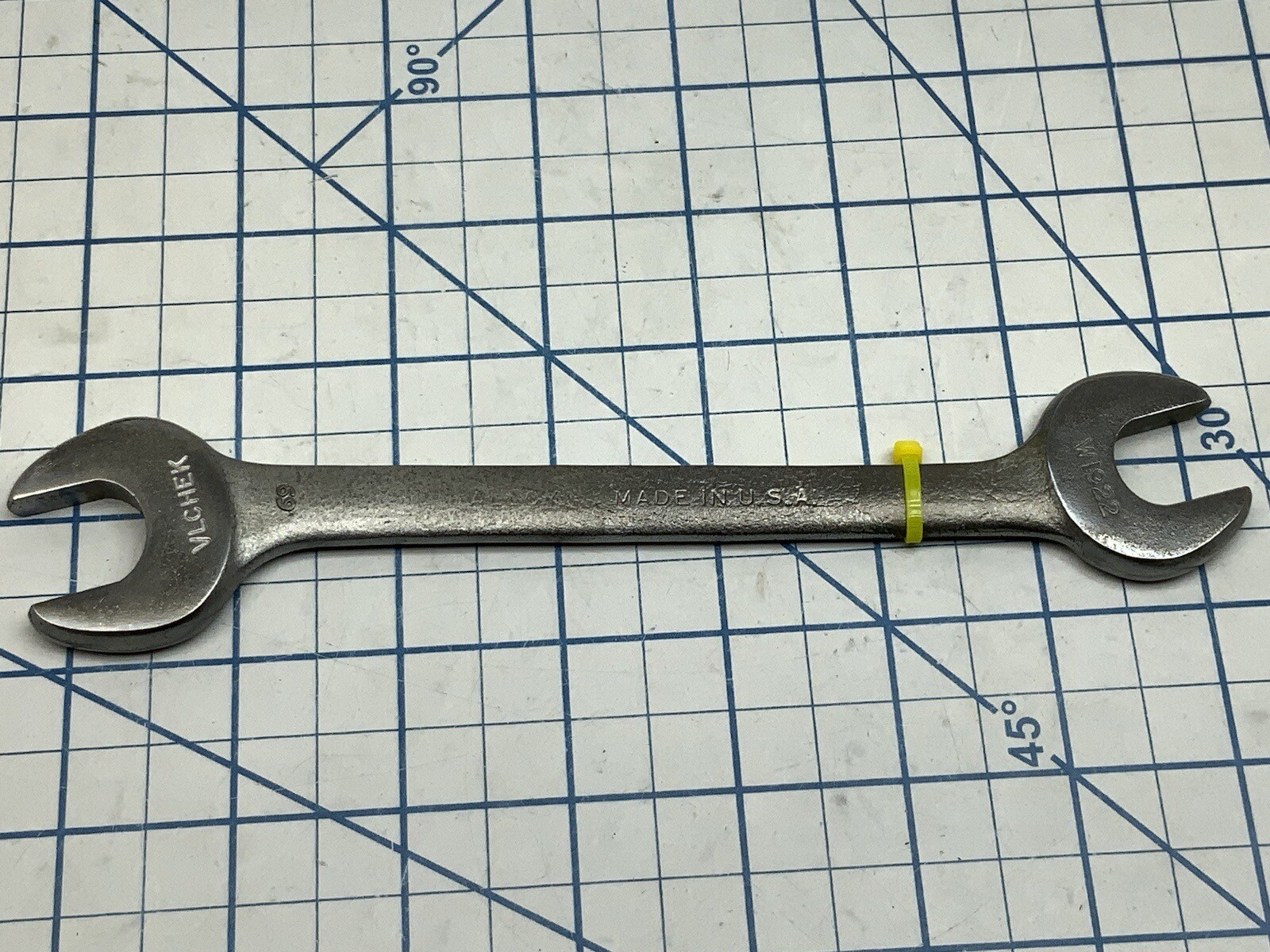 VLCHEK W 1922, 19/32in. X 11/16in. Open End Wrench, made in USA  YELLOW Tag