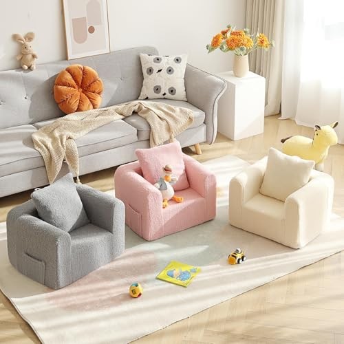 Kids Sofa with Pillow, Cozy Toddler Chair Soft Foam Seat for Sherpa Beige