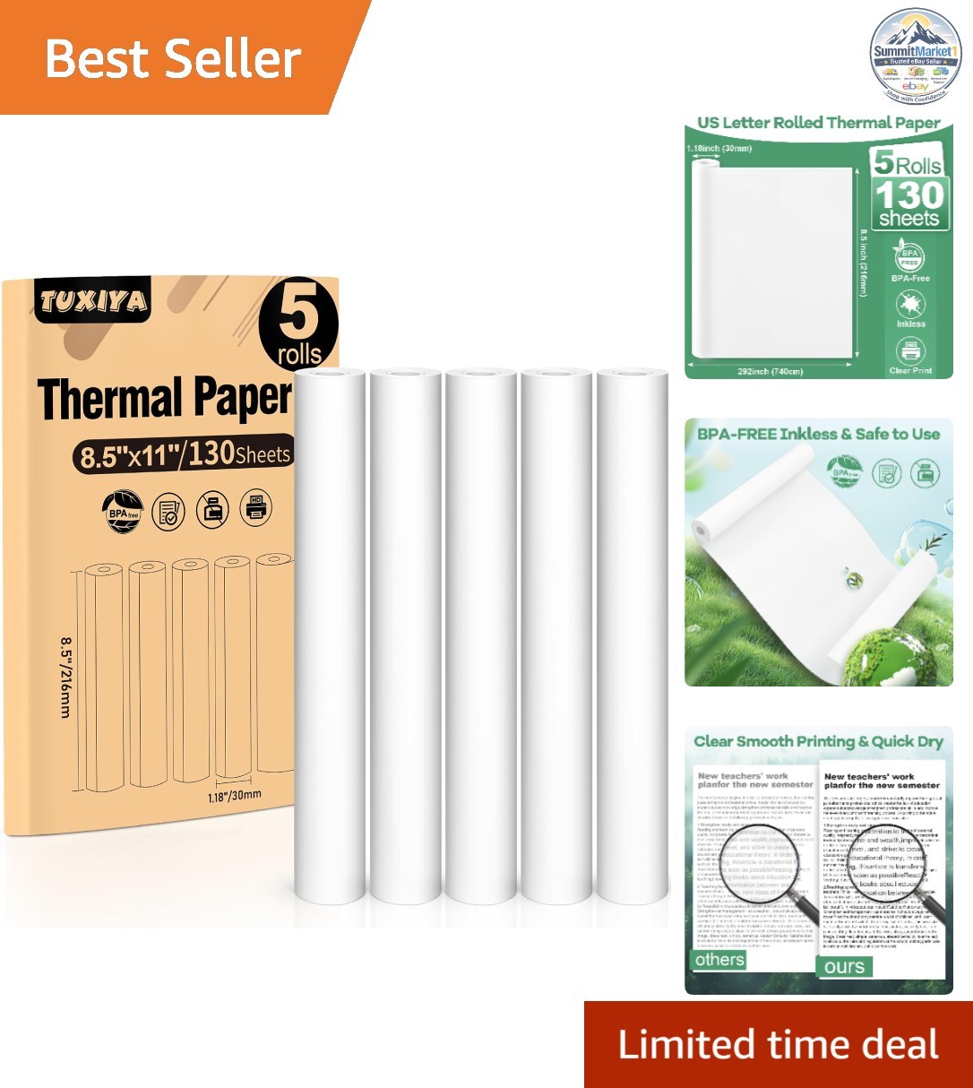 5 Rolls Thermal Printer Paper 8.5"x11" Letter Size BPA Free Quick-Dry