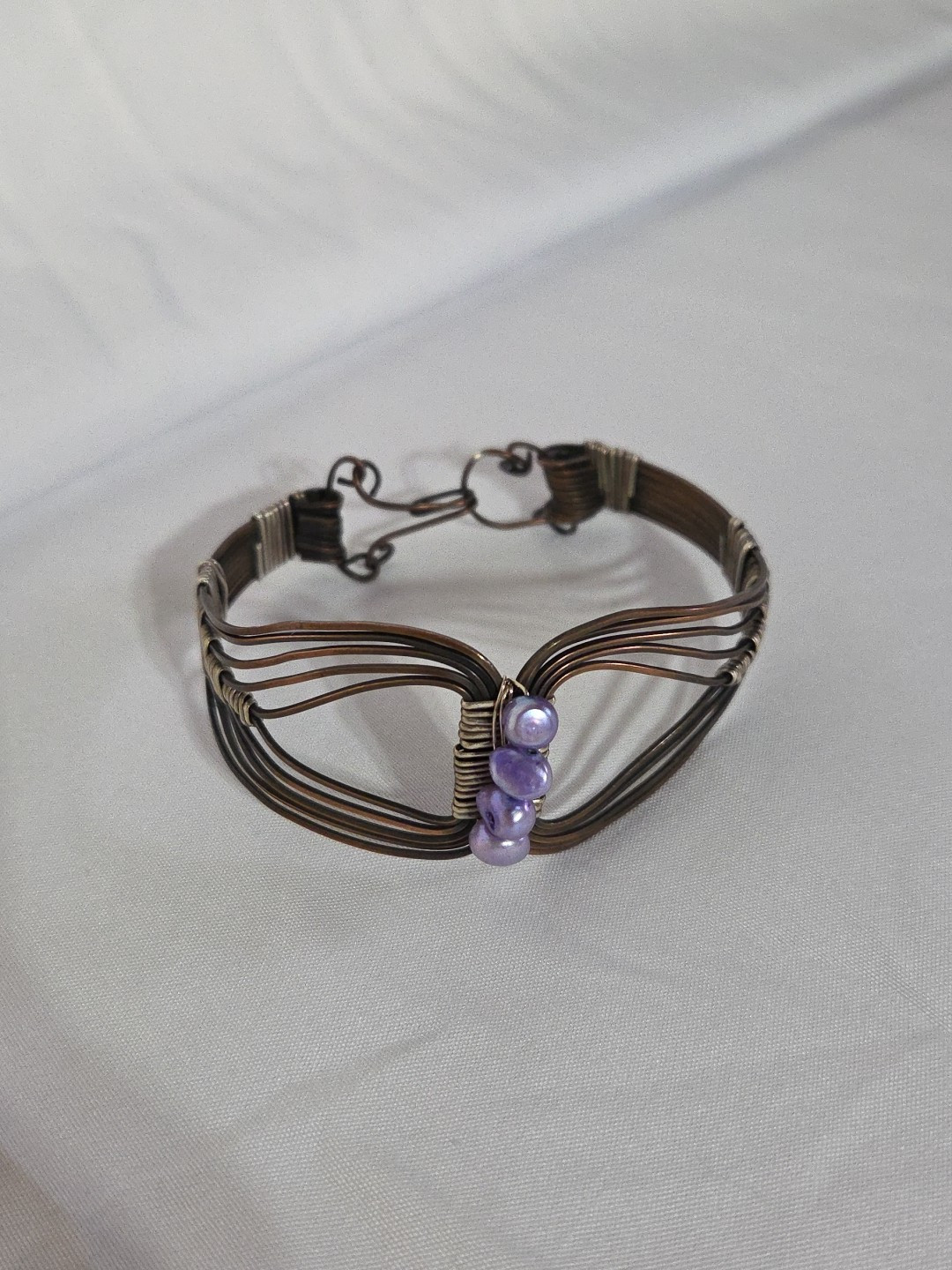 Purple Pearl Wire Cuff Bracelet, Handmade (945)