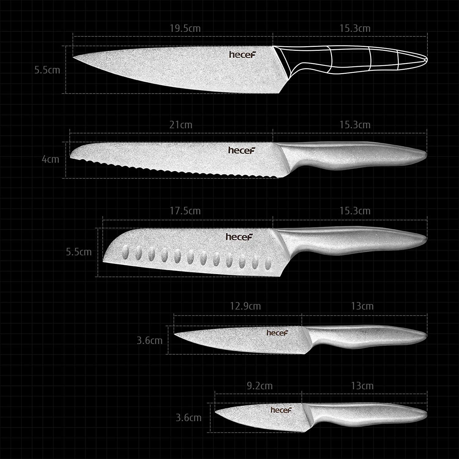 Hecef Kitchen Knife Set 5Pcs Stonewashed Chef Knife Cutlery Set Dishwasher Safe