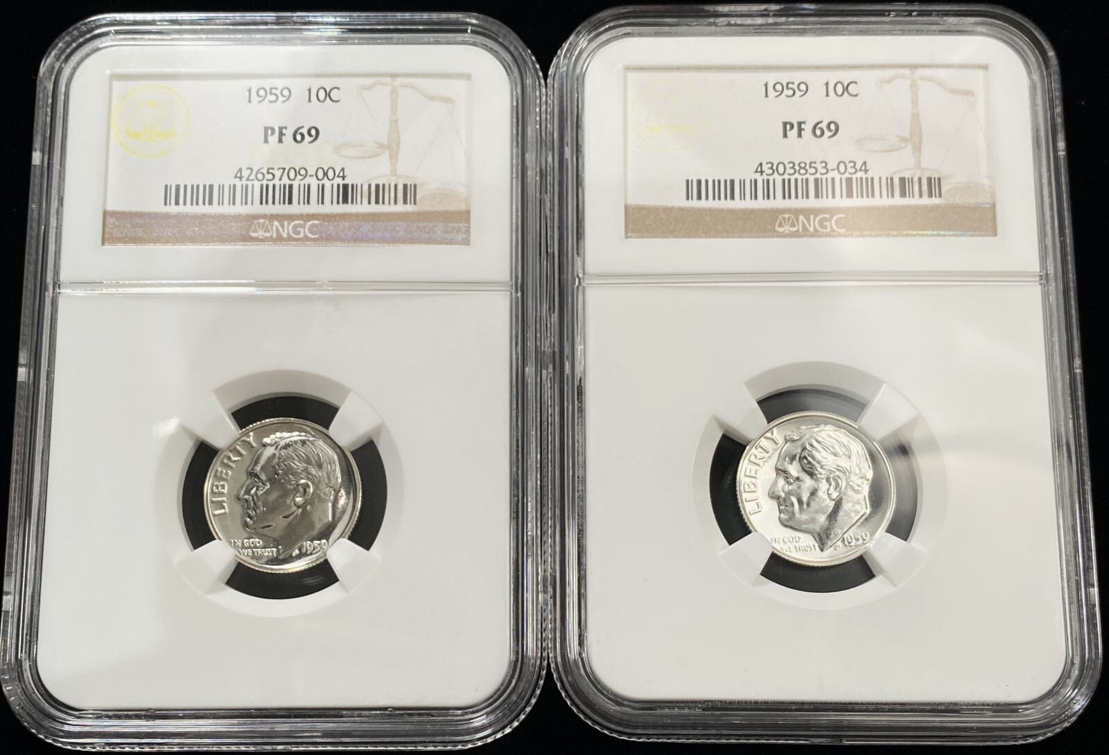 Collector Lot of 10 - 1959 Roosevelt Dimes 10c Certified by NGC PF69