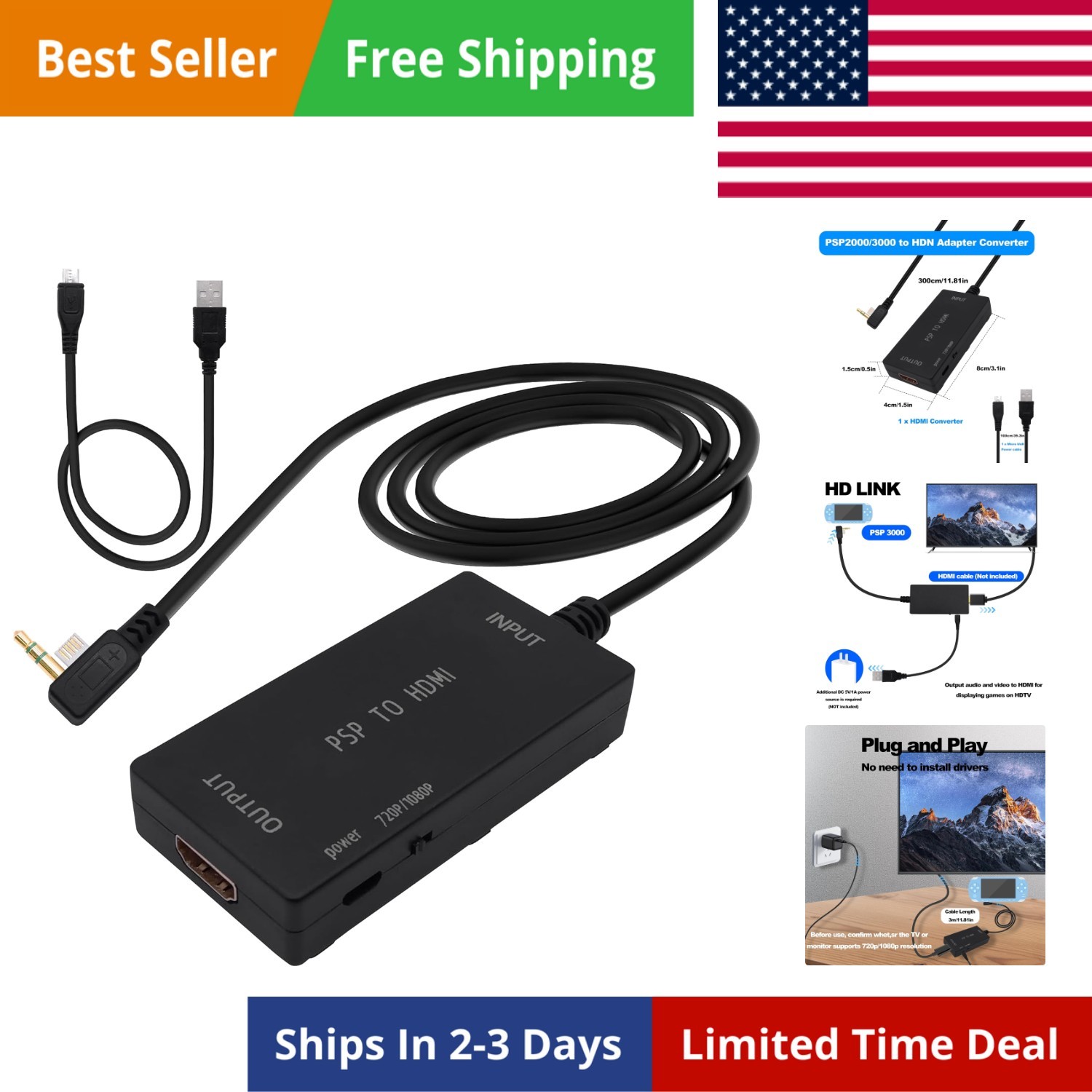 PSP 2000/3000 to HDMI Adapter Converter /3000 Handheld Console Support 720p/1...