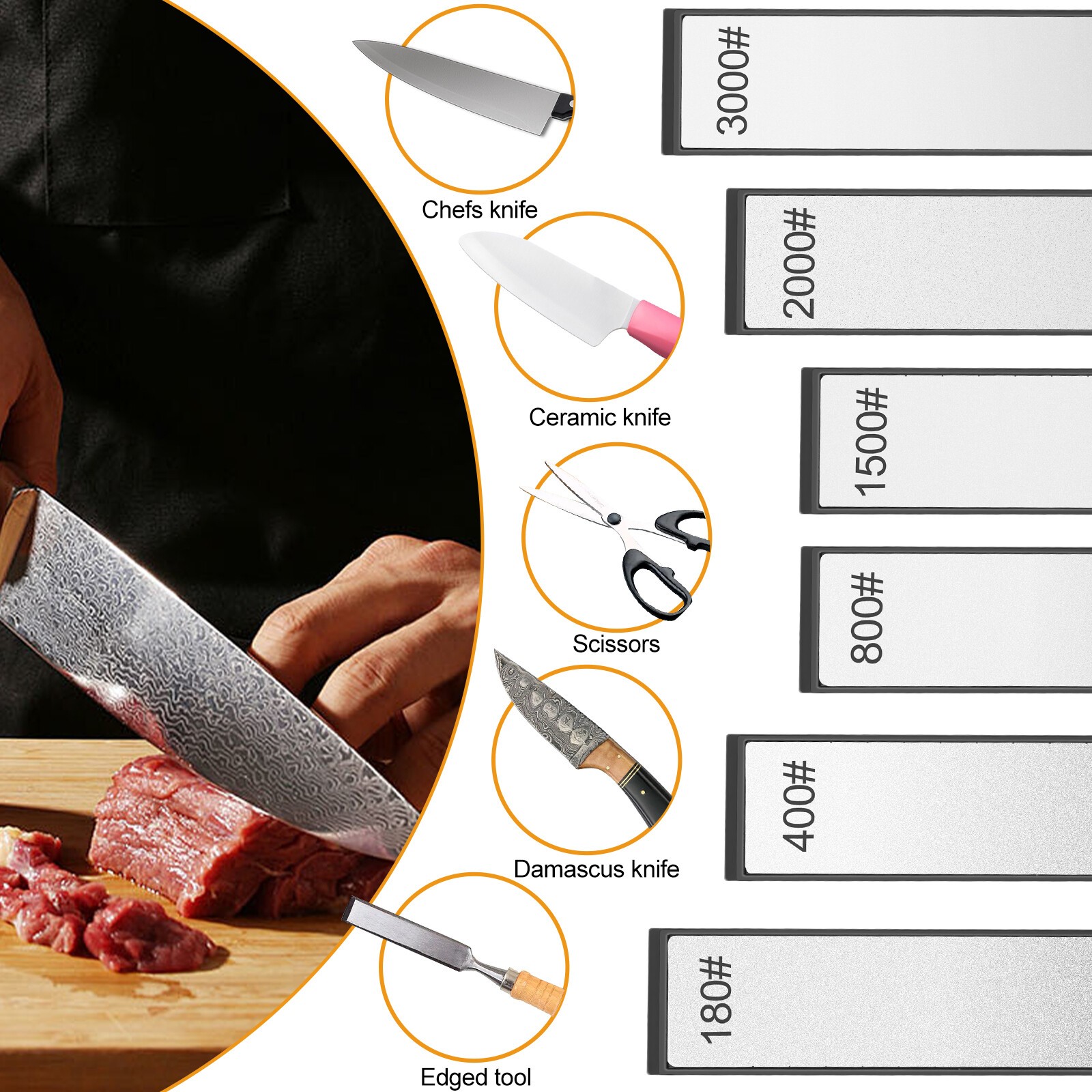 6PCS 180-3000Grit Diamond Sharpening Stone Set Knife Sharpener Plate for Kitchen