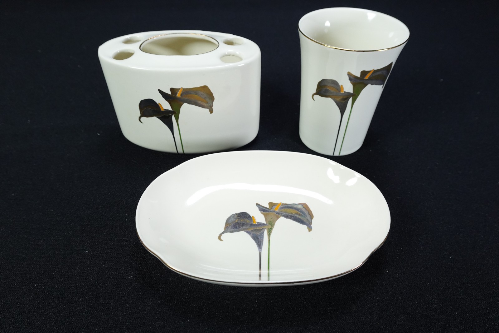 Vtg Otagiri Bathroom Set Golden Calla Pattern Cup Toothbrush Holder Soap Dish