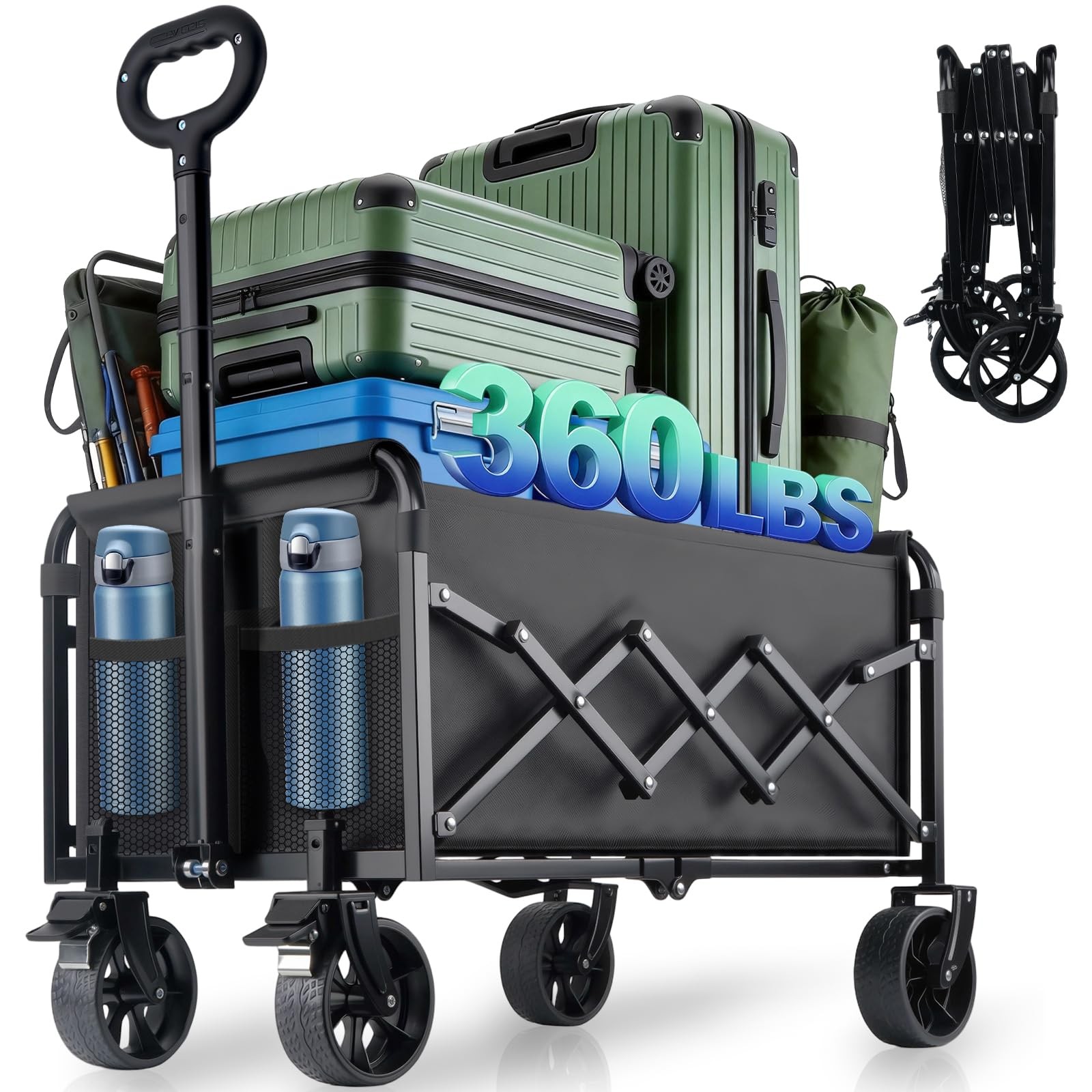 Collapsible Wagon Cart Foldable with Breakes - 360 LBS Heavy Duty Folding Gro...