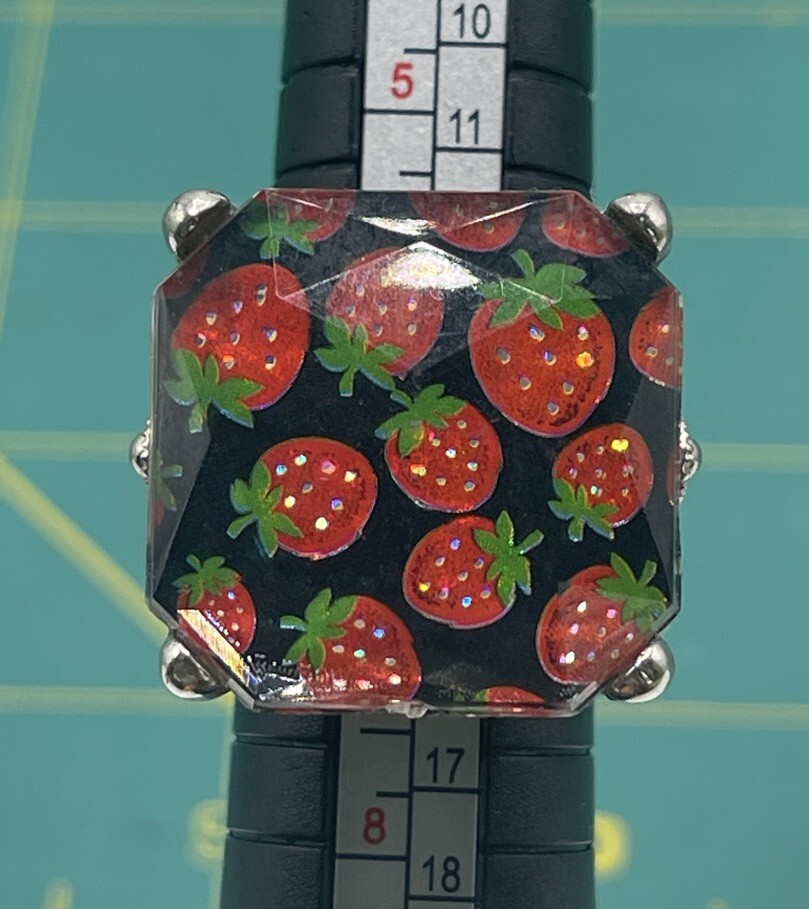 Silver Strawberry Square Enamel Ring Size 6.5