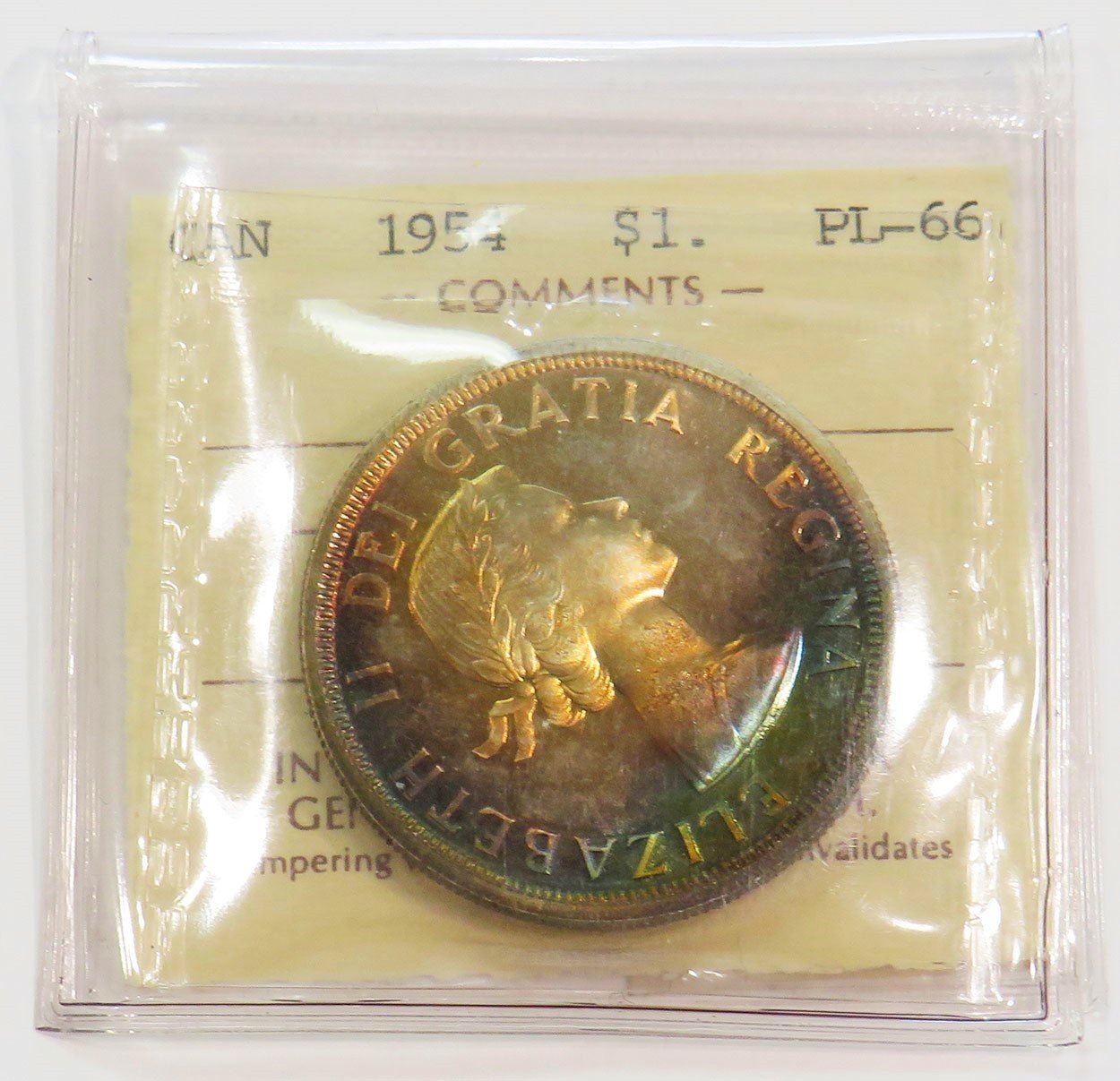 1954 CANADA SILVER DOLLAR RAINBOW COLORS ICCS MINT STATE PROOF-LIKE 66
