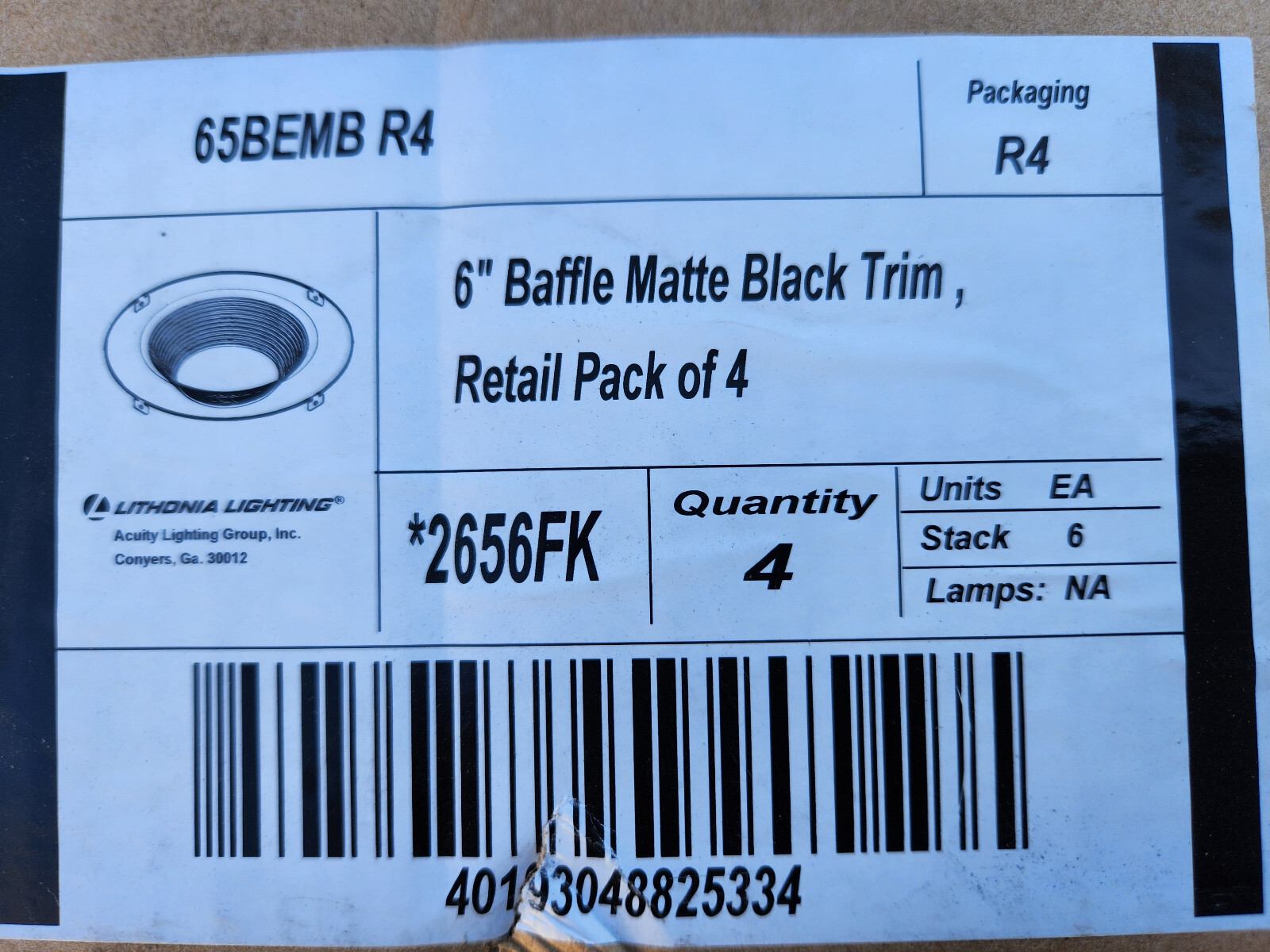 (4 Pcs) Lithonia Lighting 6" Round Baffle Trim Matte Black Finish, 65BEMB R4
