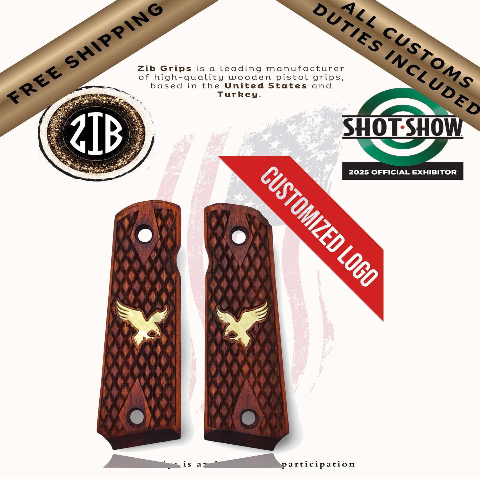 Zib Grips Wooden Series Pistol Grips for Colt 1911, Metal Medallion Logo