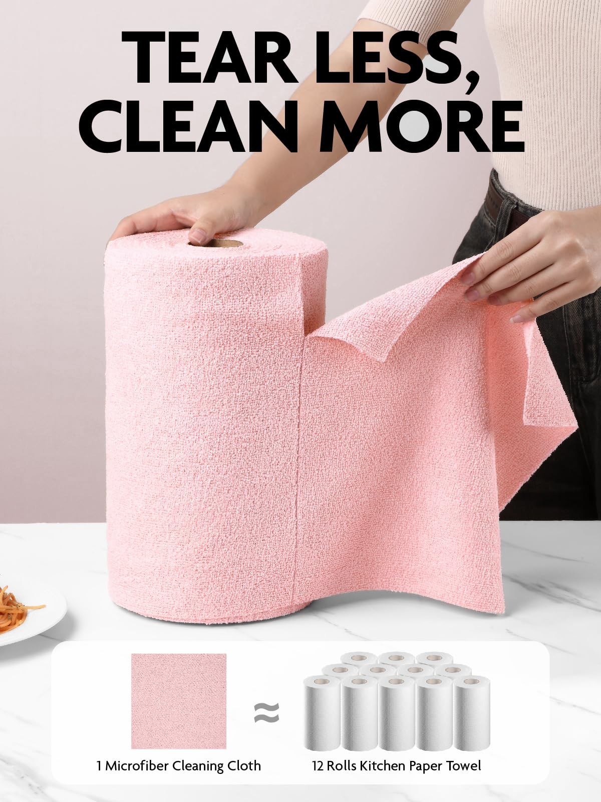 Microfiber Cleaning Cloth Roll -75 Pack, 12" x 12" (Pink)