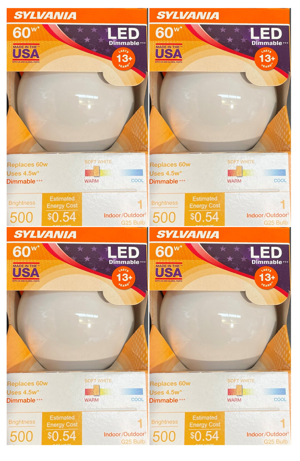 (4 bulbs) Sylvania 40472 LED Frosted Glass Globe, 60 watt equivalent, G25