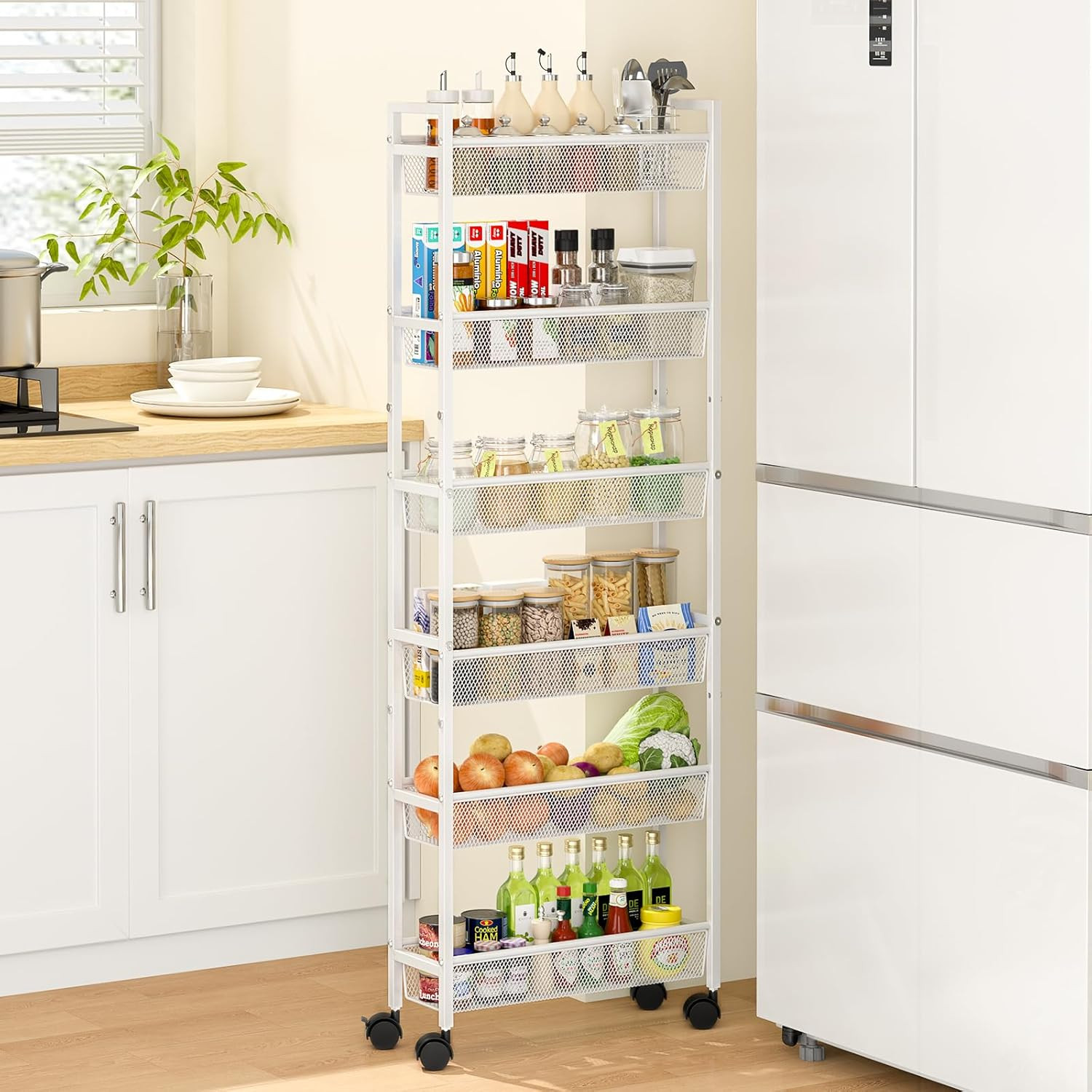 Slim 6-Tier Rolling Storage Cart - Space-Saving White Metal Organizer