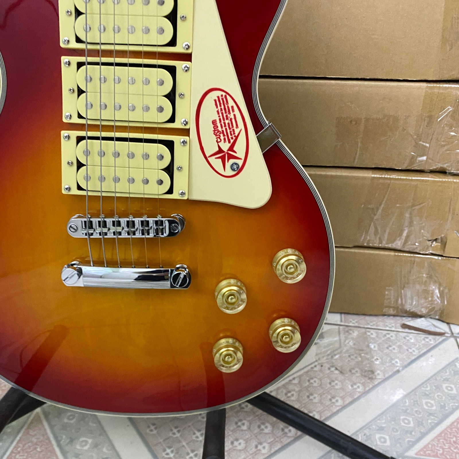 Distinct Retro Style Electric Guitar Red Orange Burst,H-H-H pickup Music Collect