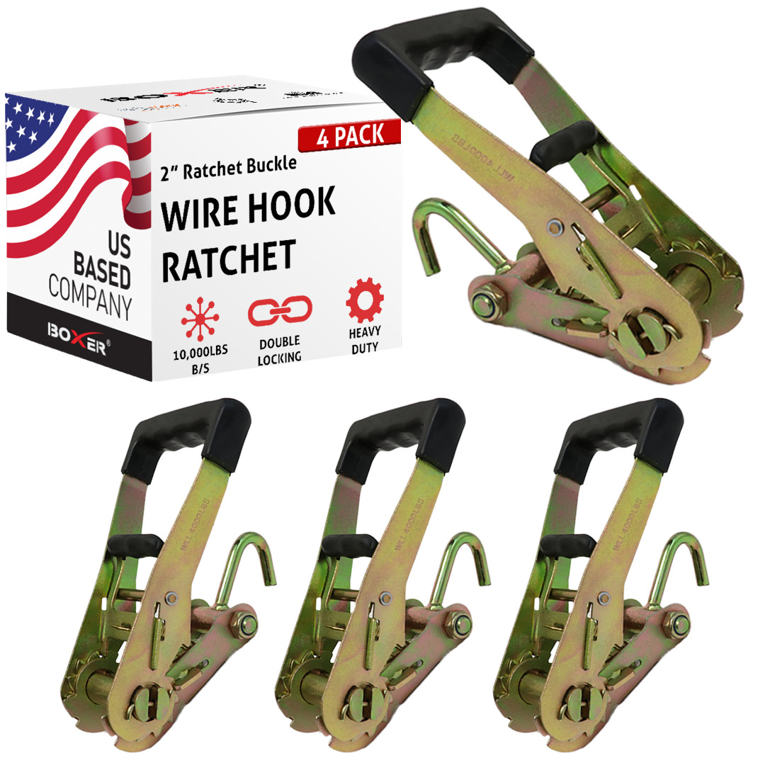 Ratchet Buckle with Wire Hook, Double Locking Ratchet Towing 4 Pack Tie Down