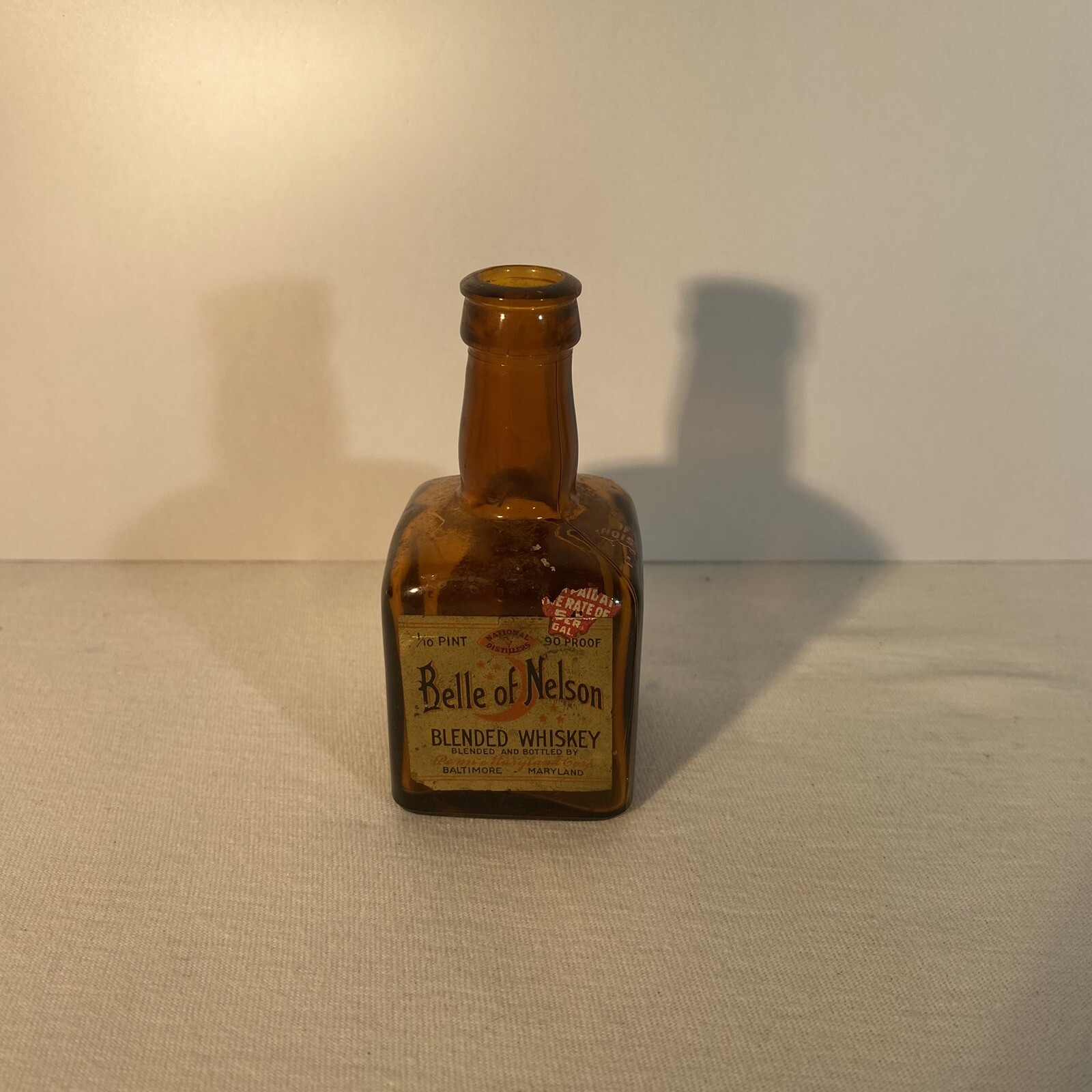 1933 Vintage 1/10th Pt Belle of Nelson Blended Whiskey Mini Bottle Baltimore MD