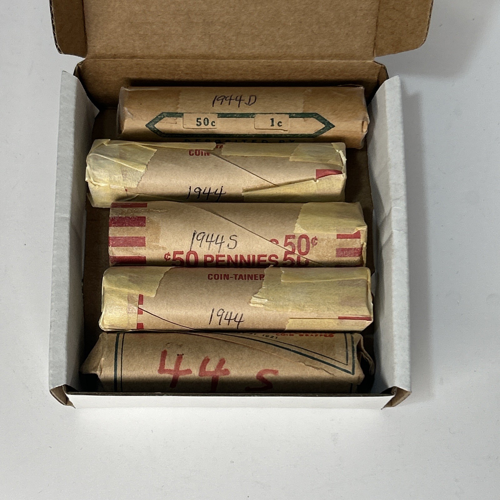 1944 Lincoln Wheat Cent Penny Lot of 5 Rolls 250 Coins - Expect Spotting- READ