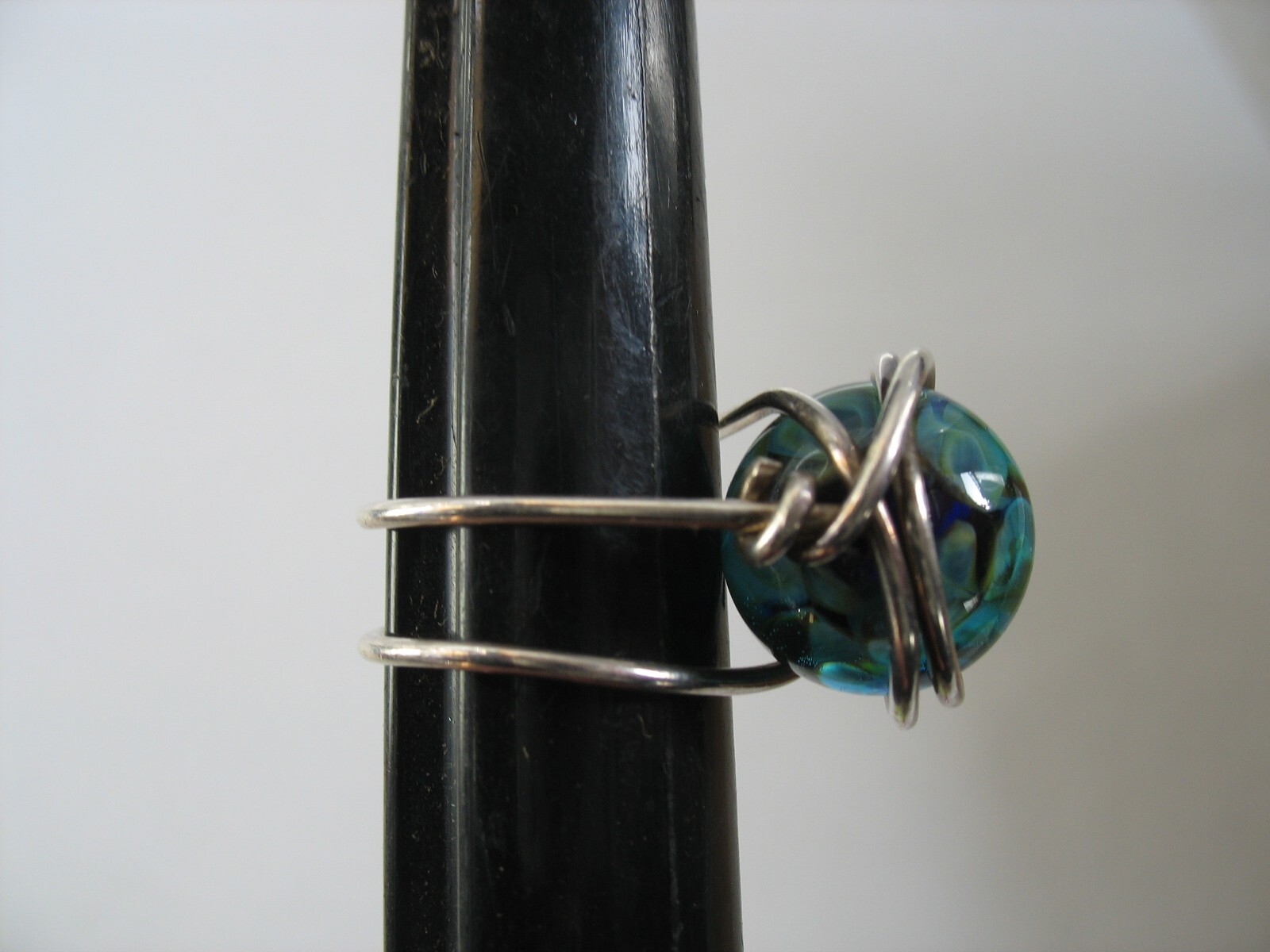 Handmade Silver wire wrap ring Green blue aqua round bead 6 1/2