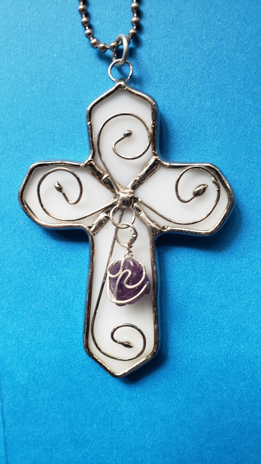 White Stained Glass Cross Suncatcher w Amethyst Charm  Car Charm Ball Chain NEW