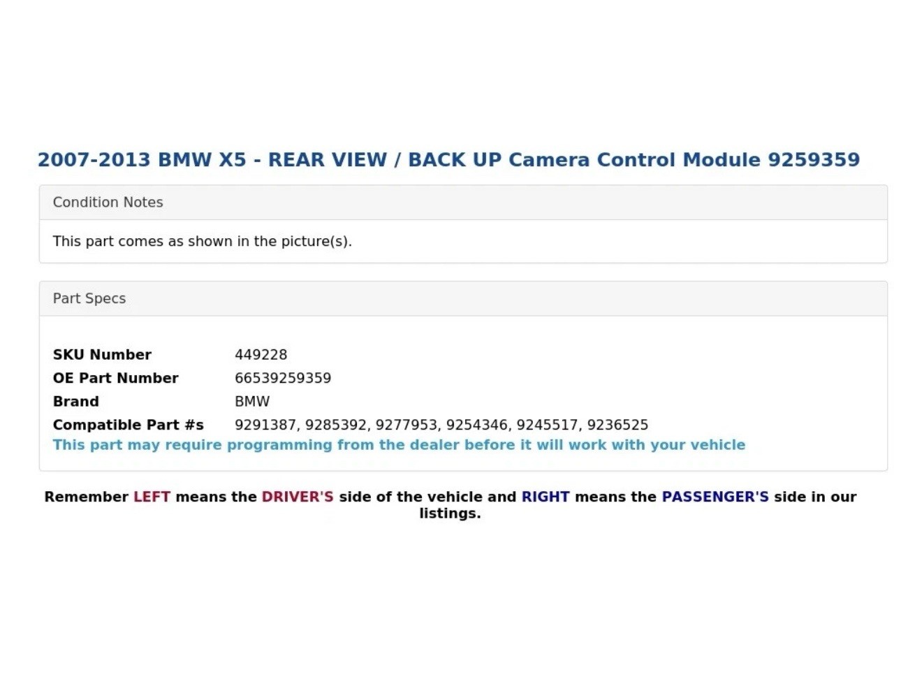 🚘 2007-2013 BMW E70 X5 X5M - REAR VIEW / BACK UP Camera Control Module 9245517