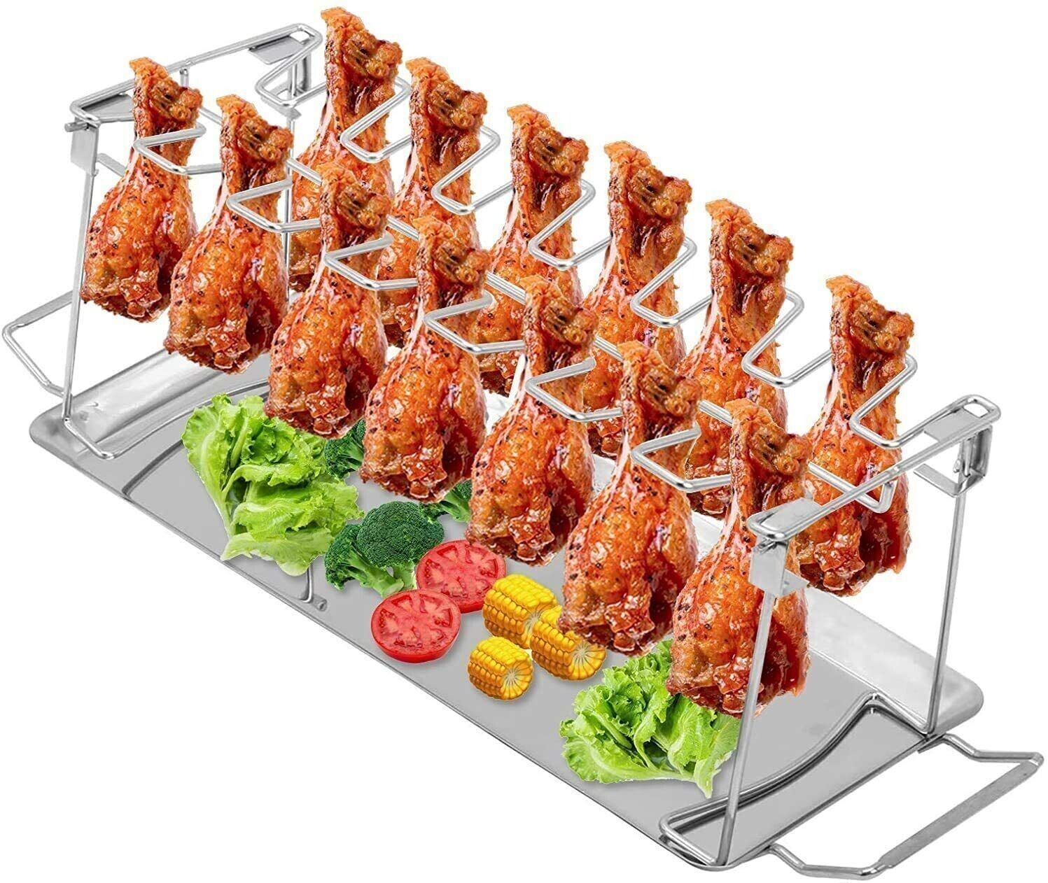 Chicken Leg Rack Wing Rack 14 Slots Stainless Steel Metal Roaster Stand,Drip Pan