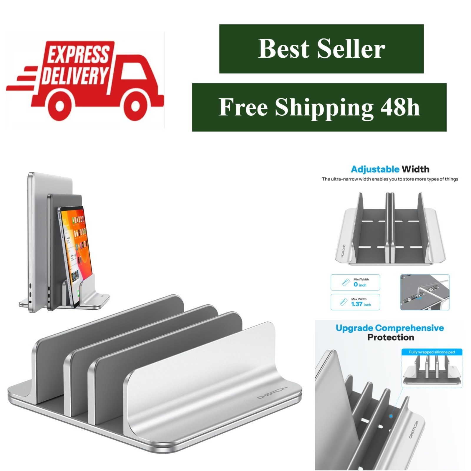 OMOTON 3-Slot Vertical Laptop Stand Adjustable Aluminum for MacBook
