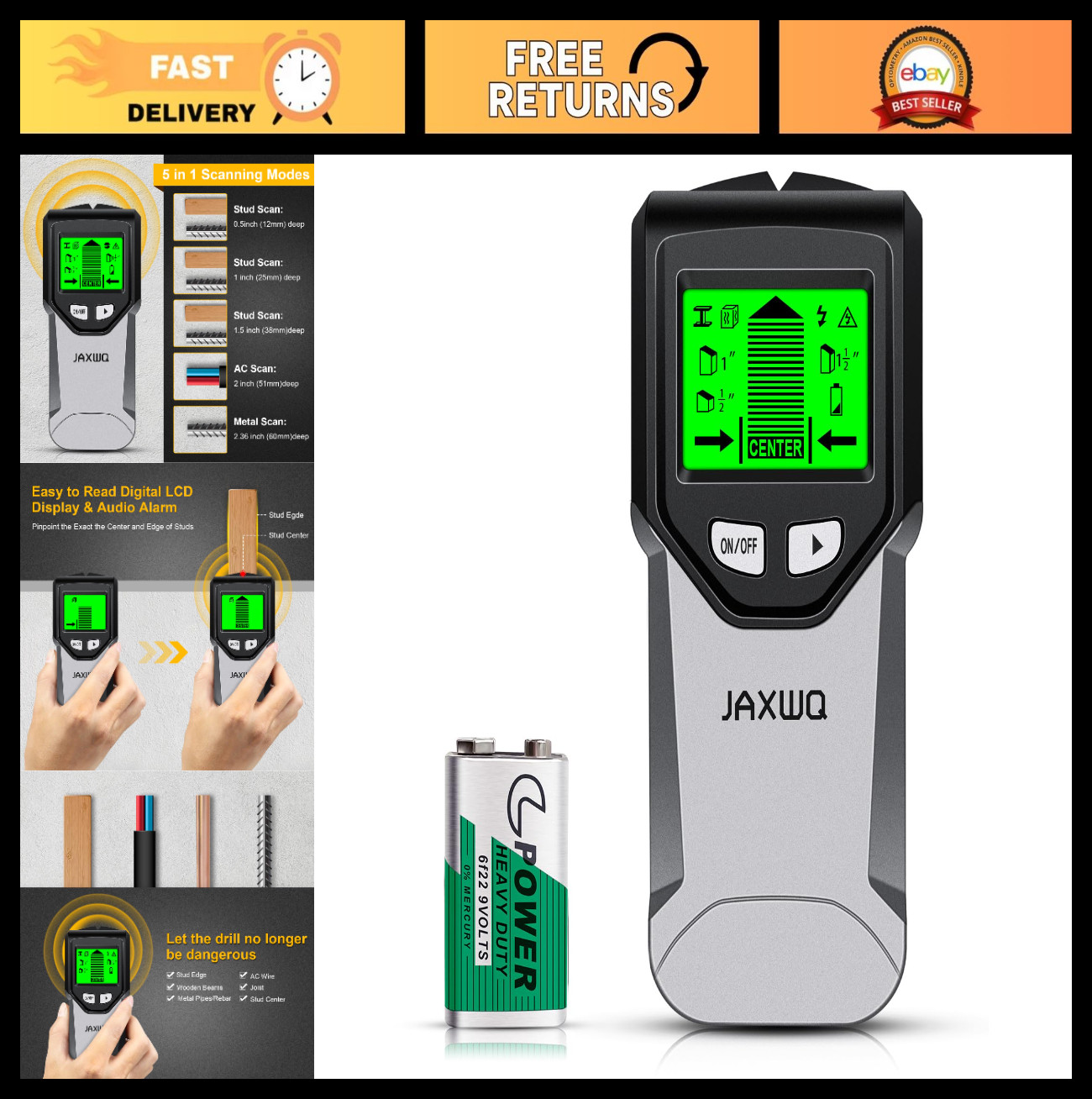 5-in-1 Stud Finder Wall Scanner - Smart Chip, HD LCD, Detects Wood, Metal, AC Wi