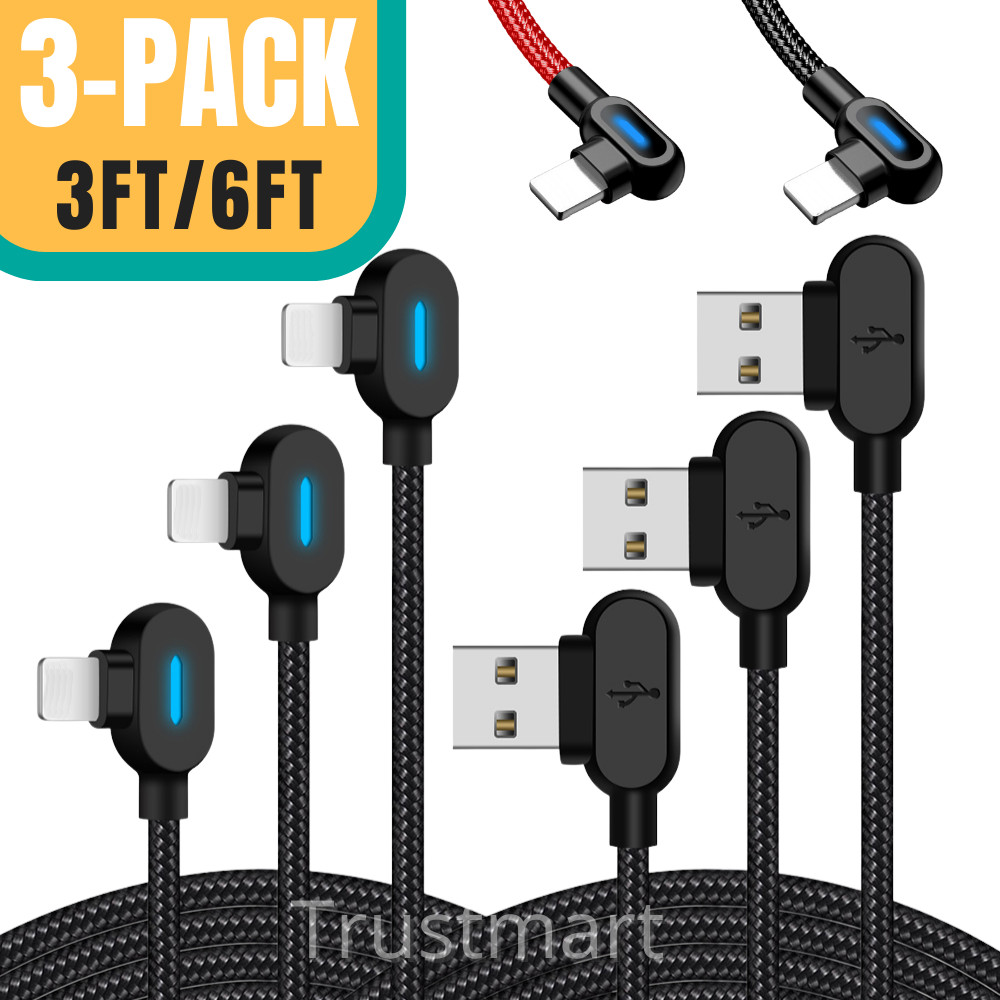 3PACK 3/6Ft 90 Degree Charger Cable Cord Heavy Duty For iPhone 14 13 12 X XR 8 7