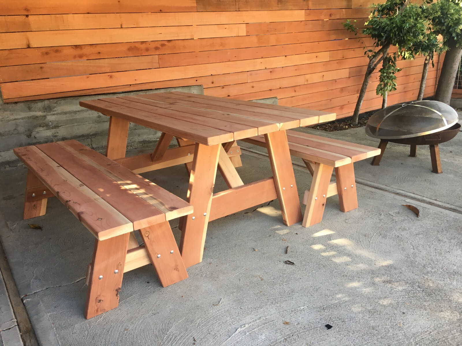 Redwood Picnic Table, 6 Feet Long, with Matching Detached Benches