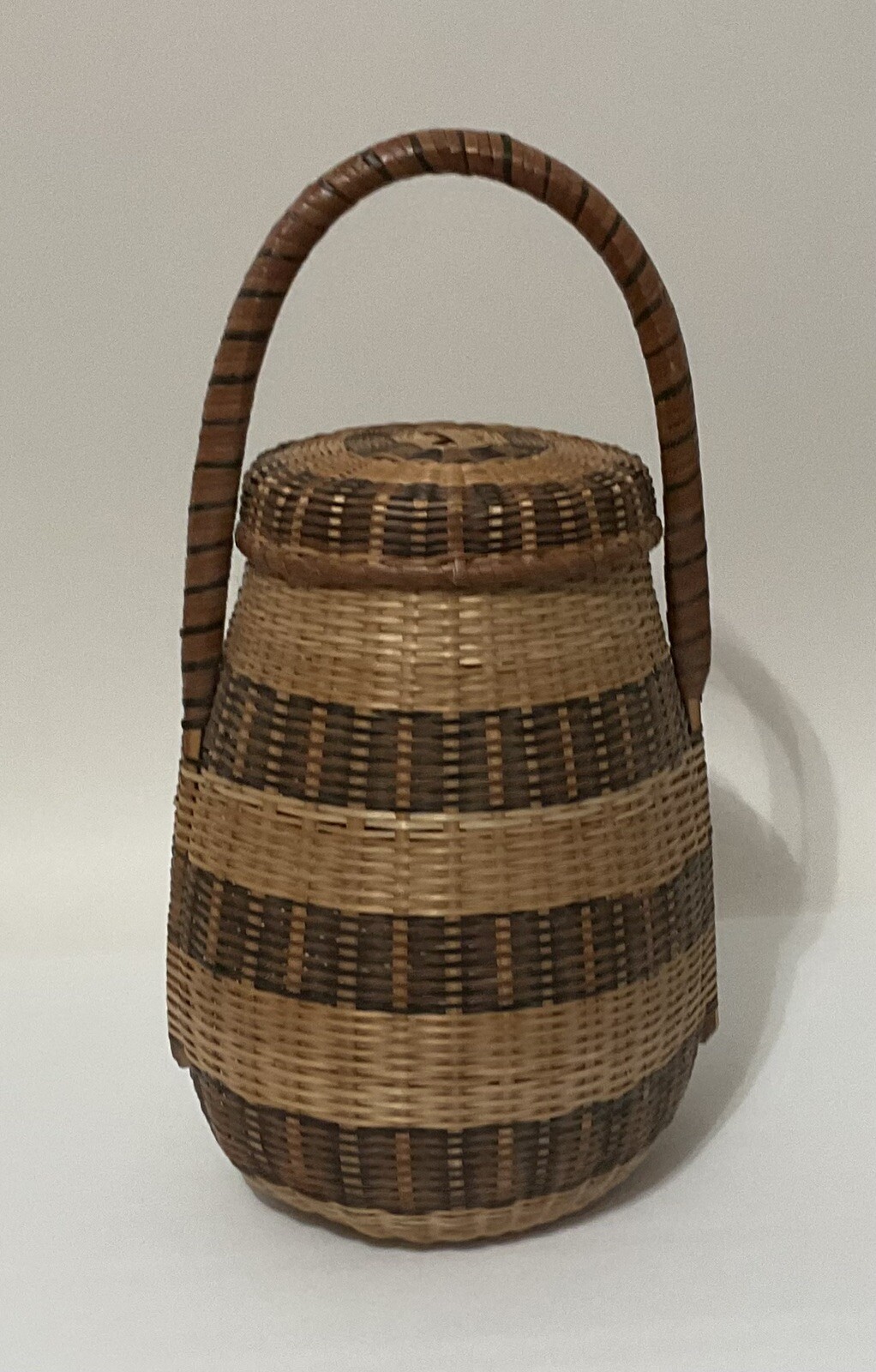 Barrel Shape Decorative Storage Basket with Lid Brown Stripes Handle Woven