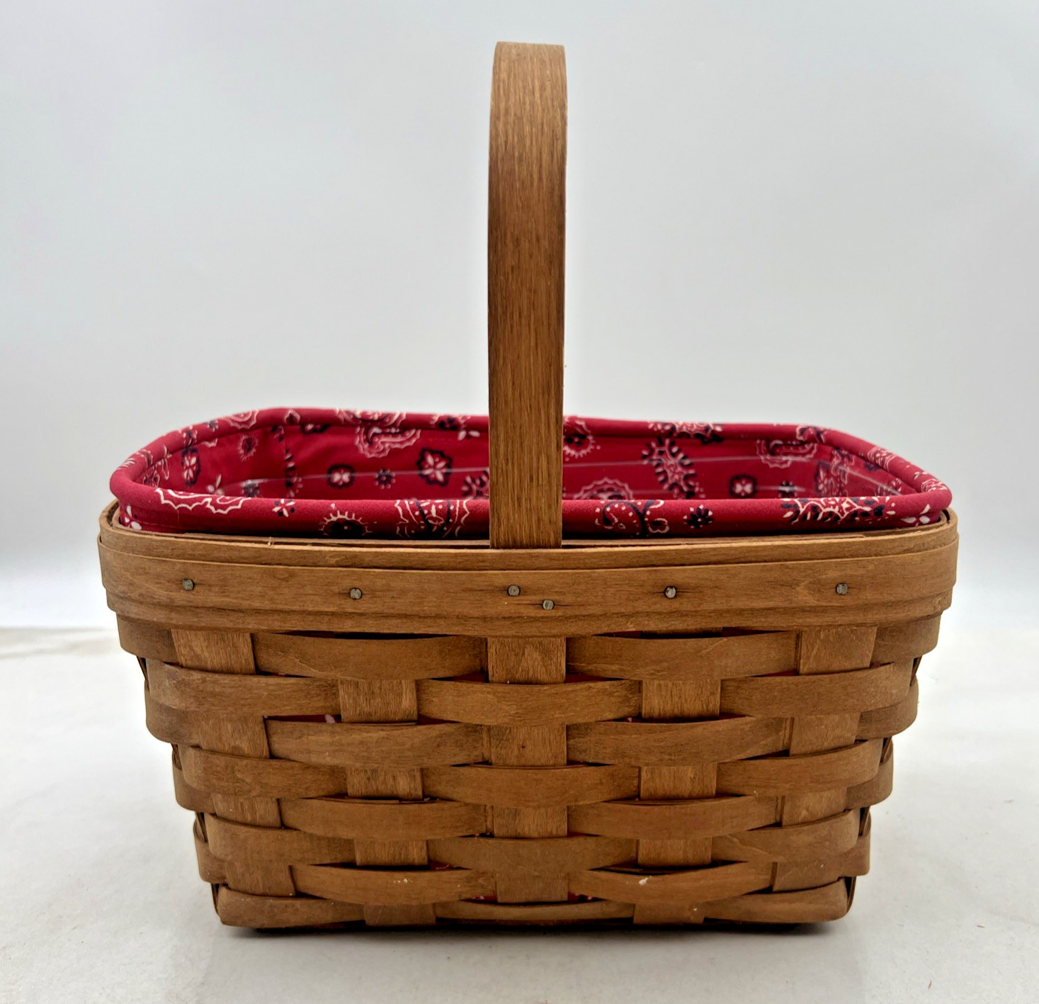 VTG Longaberger Basket With Handle & Liner Red Bandana Fabric