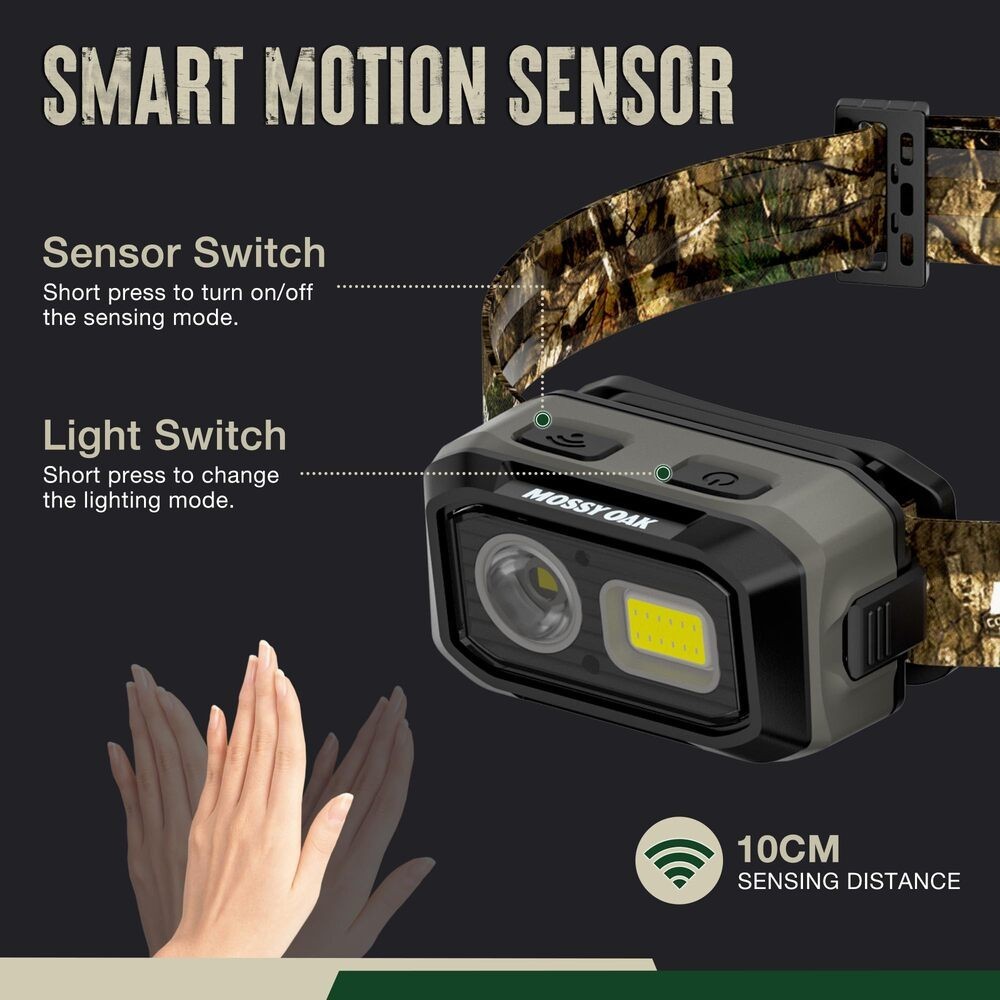 Mossy Oak LED Headlamp Motion Sensor Dual Power Source Head Light 4 Modes