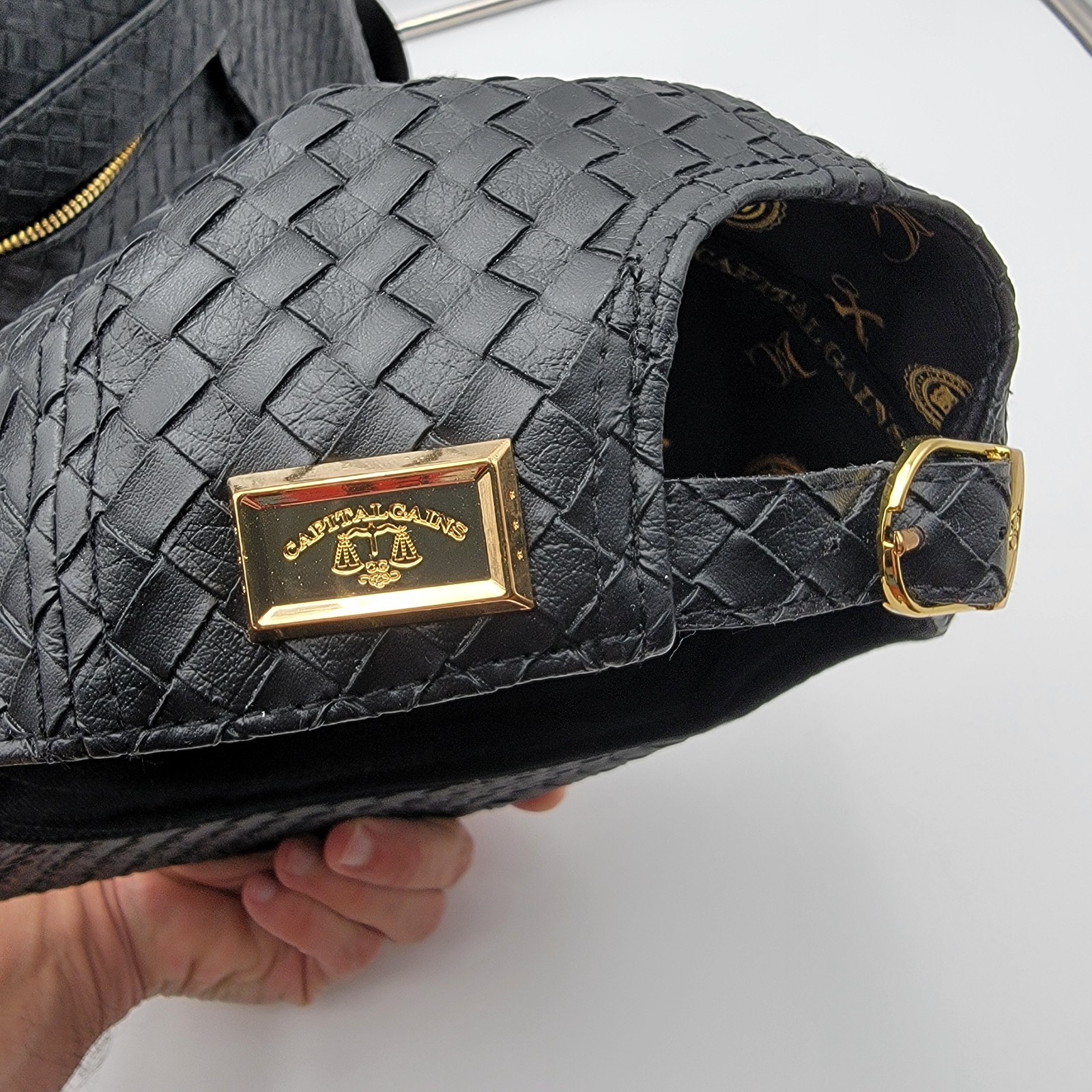 Capital Gains Black Woven Backpack + Strapback Hat Bundle NWT Gold Logo