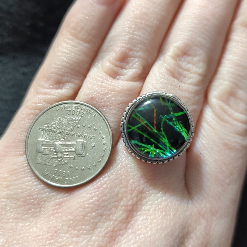 Silver Plated Black Australian Triplet Opal Gemstone Round Statement Ring 8.5-11