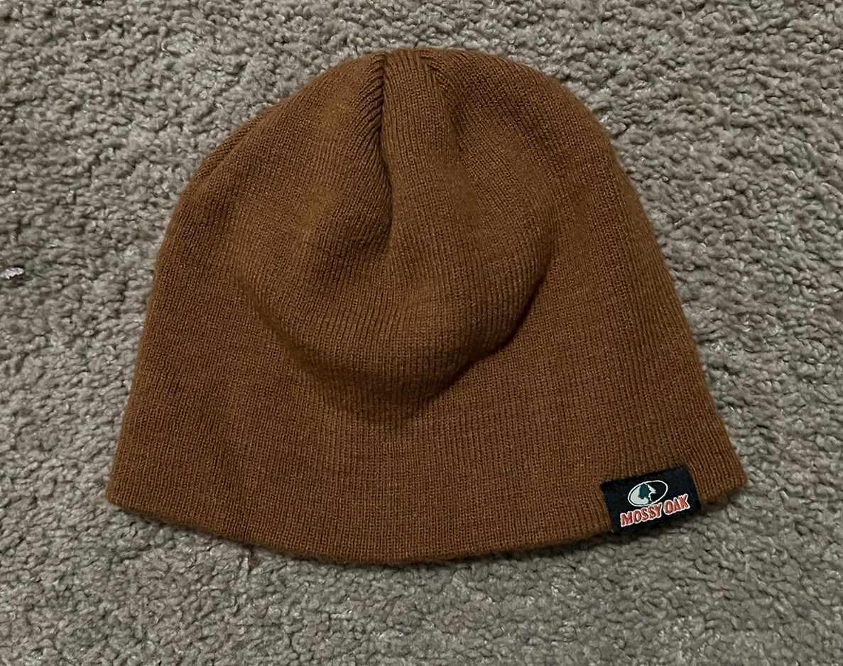Mossy Oak Brown Beanie Hat Knit Skull Cap Logo Hint Camp Fish