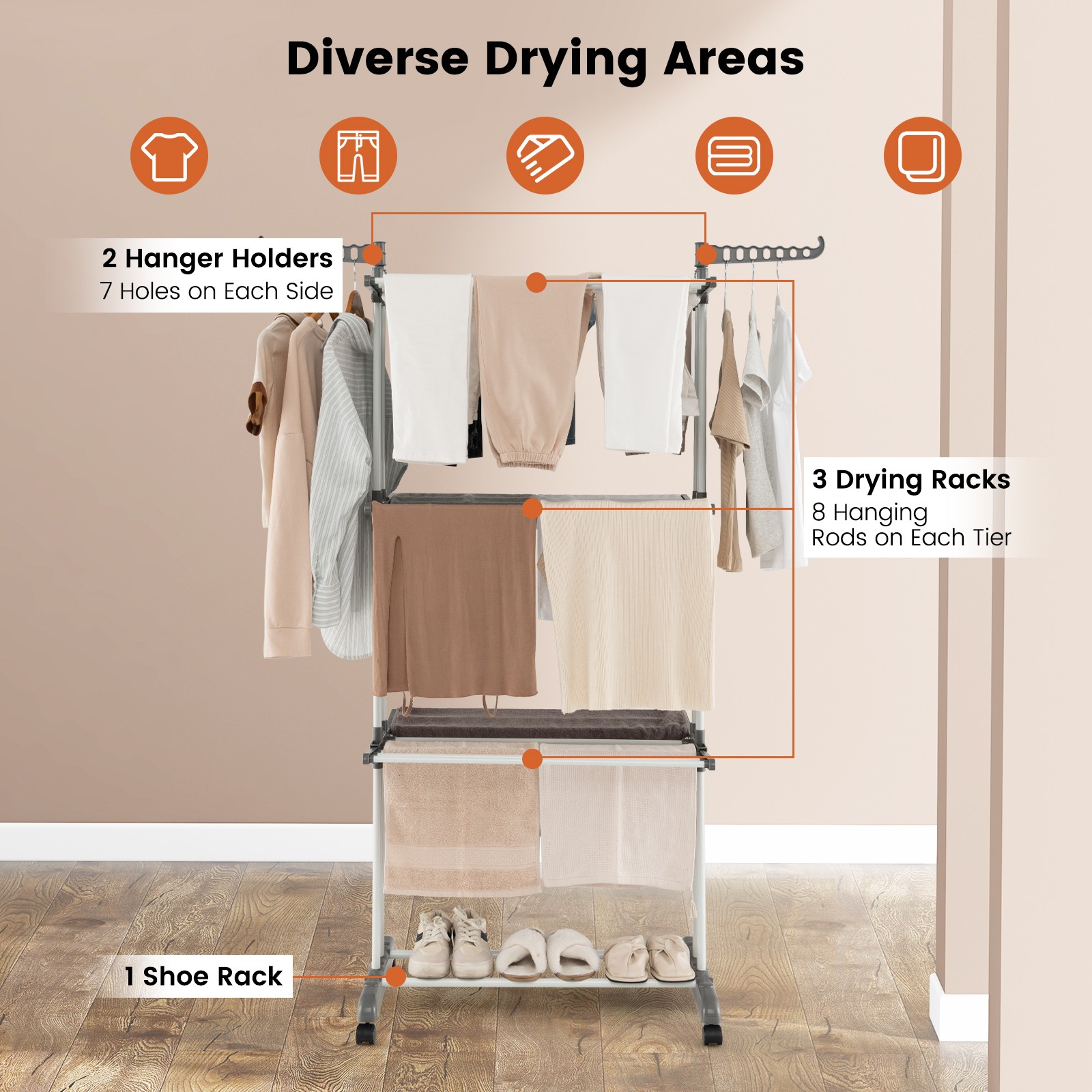 3-tier Folding Clothes Drying Rack w/ Rotatable Side Wings & Collapsible Shelves
