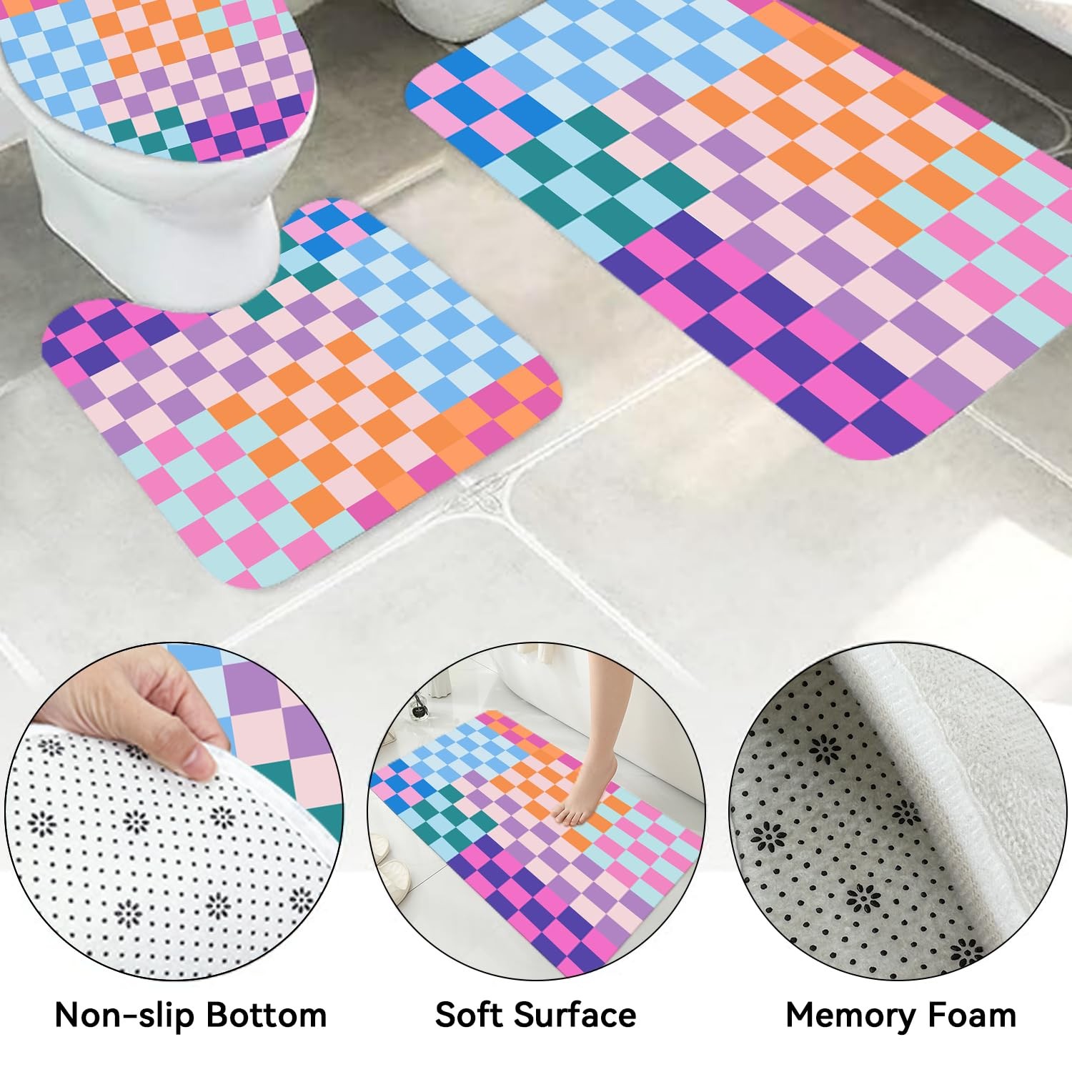 4 PCS Checkered Shower Curtain Sets Fun Gingham Bathroom Sets Soft Non Slip B...