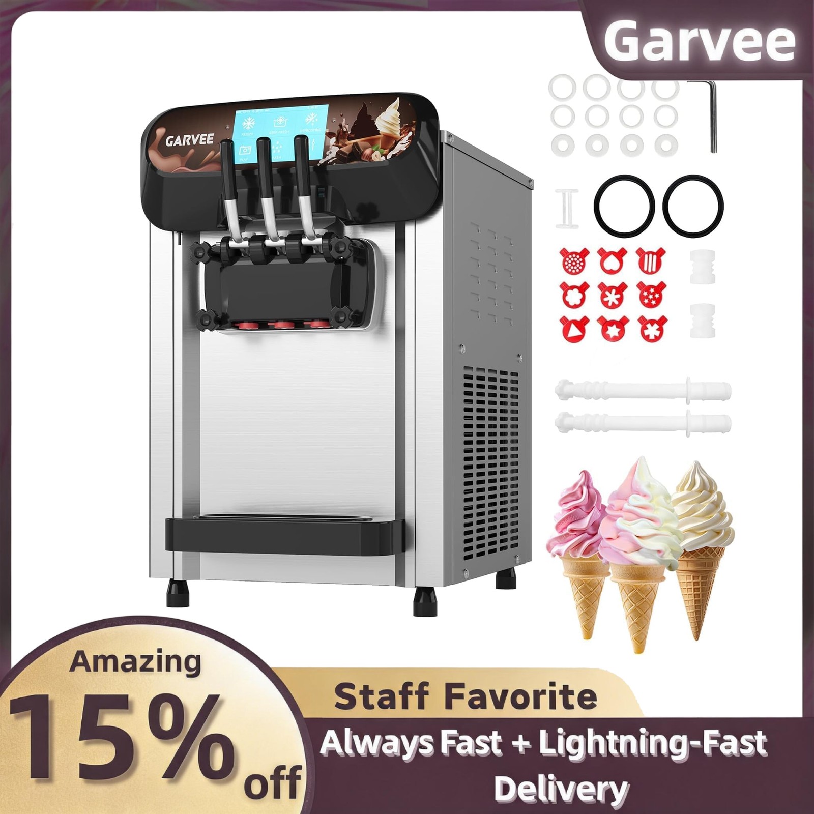 Stainless Commercial Soft Serve Ice Cream Machine 22-30L/H 3-Flavor 7in LCD