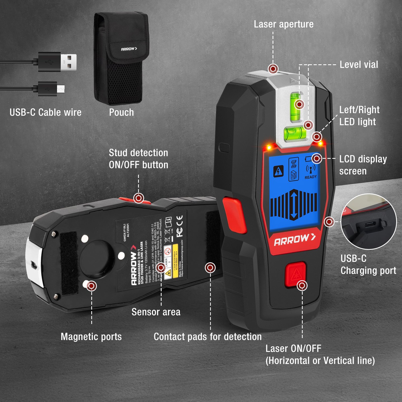 ARROW 2-in-1 Stud Finder with Laser Level, Rechargeable Wall Scanner &...