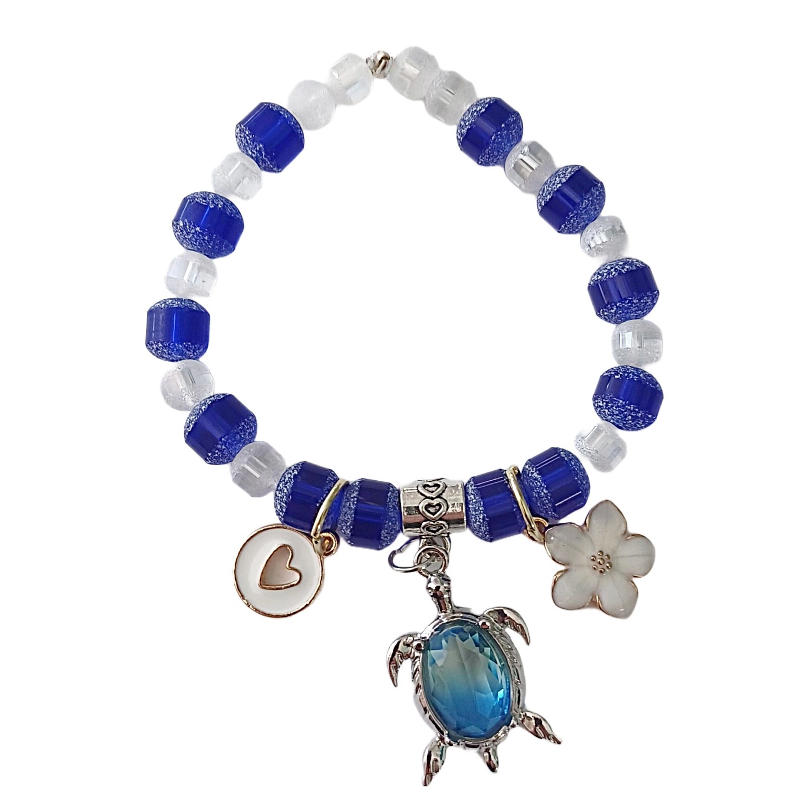 Blue and Clear Beaded Bracelet and Turtle Charm