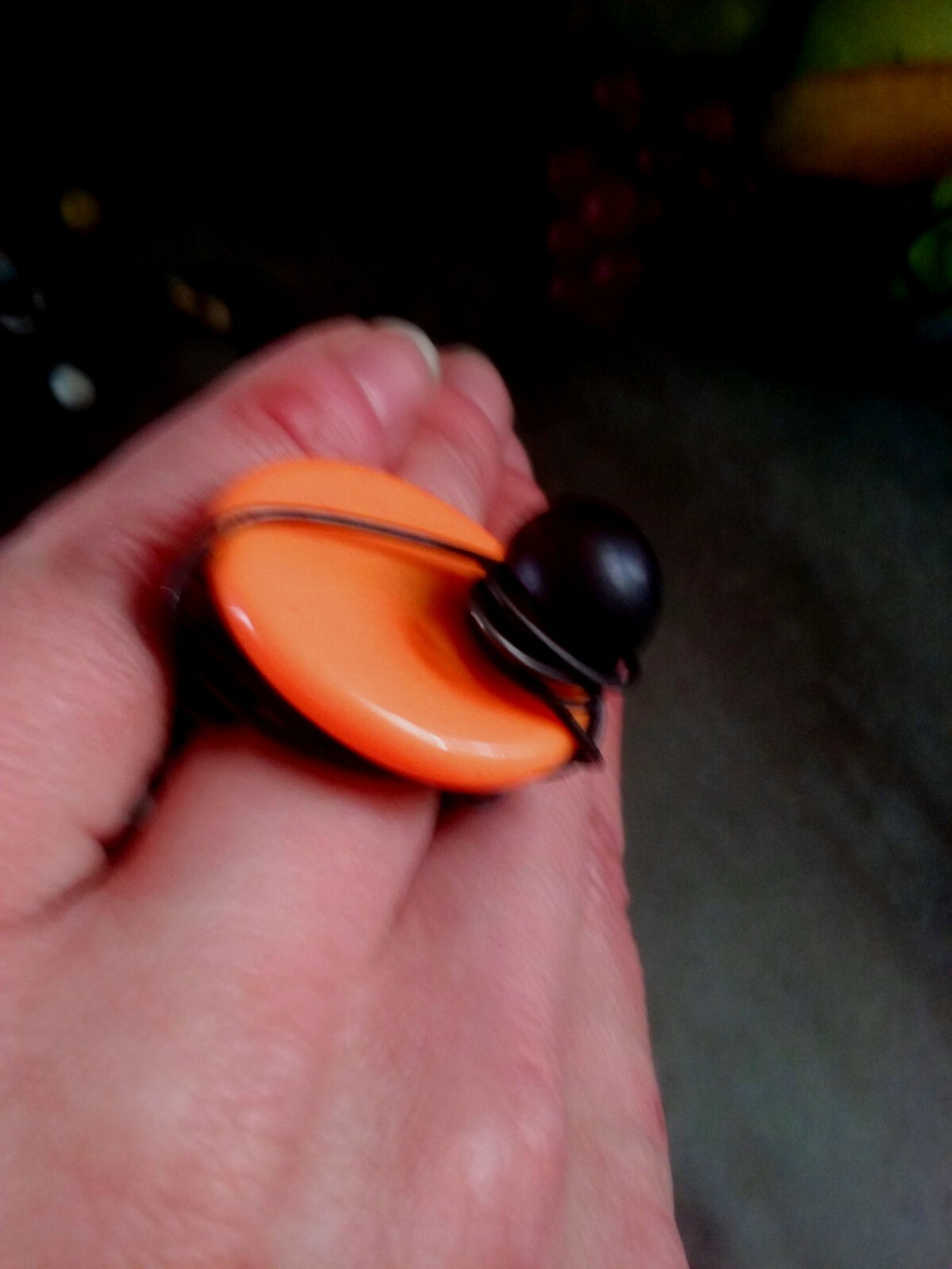 Large Wire Wrapped Statement Ring, Orange Disc with Ball Charm, Size 8, NEW