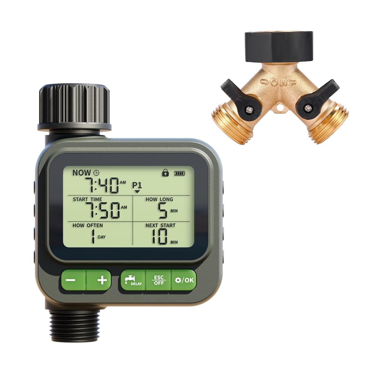 VODESON Sprinkler Timer System w/Brass Splitter|Programmable Stand, Green