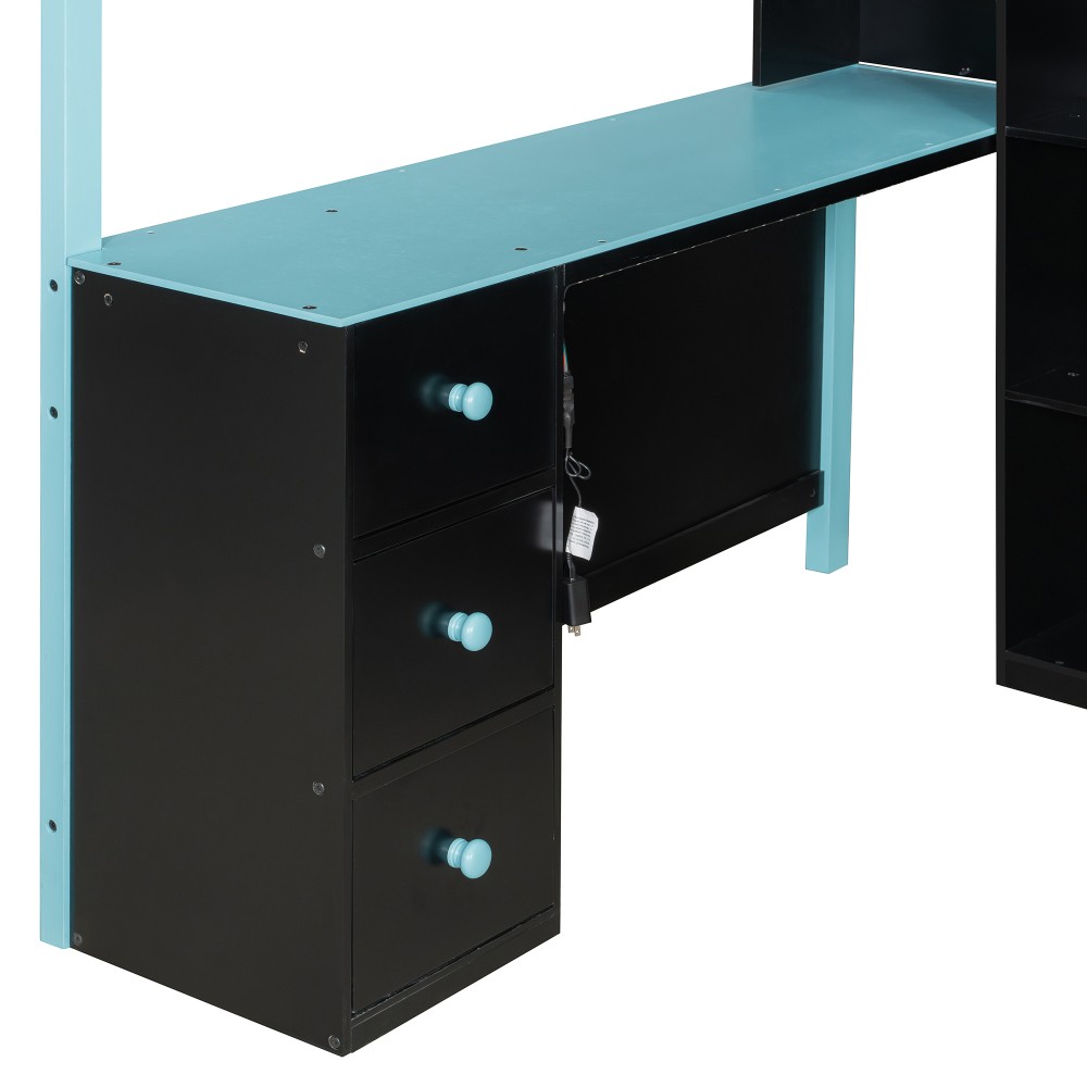 Full Size Wood Loft Bed with Desk, Ample Storage Space and Light Blue Bed Frame