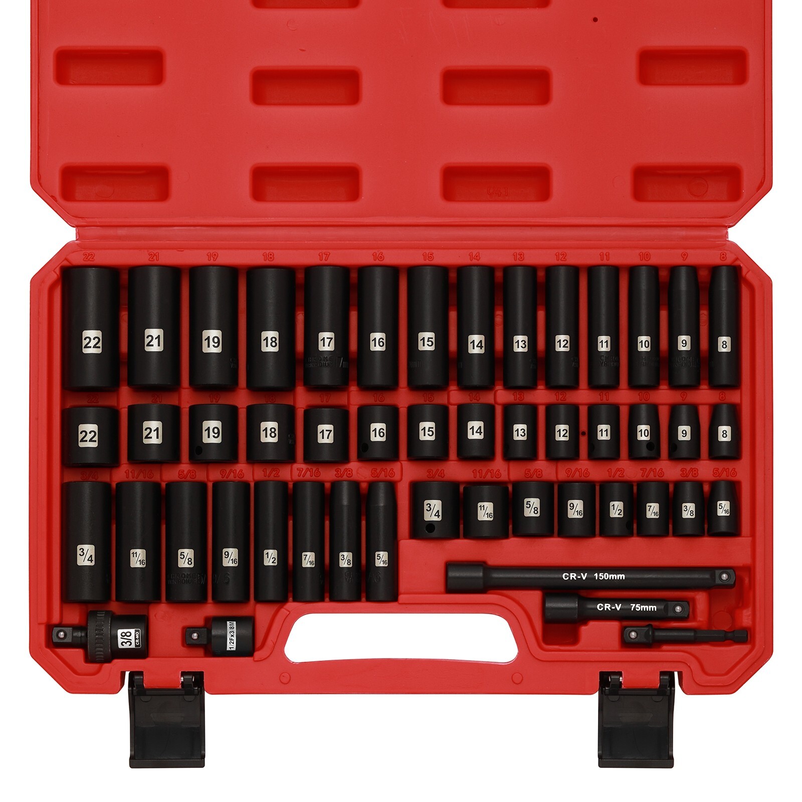 3/8" Drive Impact Socket Set, 49 Piece 6-Point Standard SAE & Metric Sockets