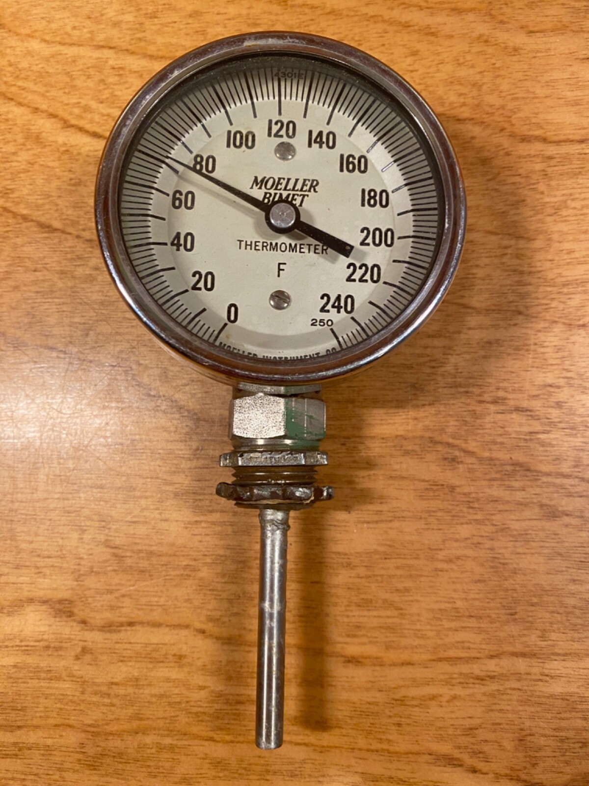 Vintage Moeller Bimet Industrial Thermometer, 3" Dial, 0-250 Degrees F, USA