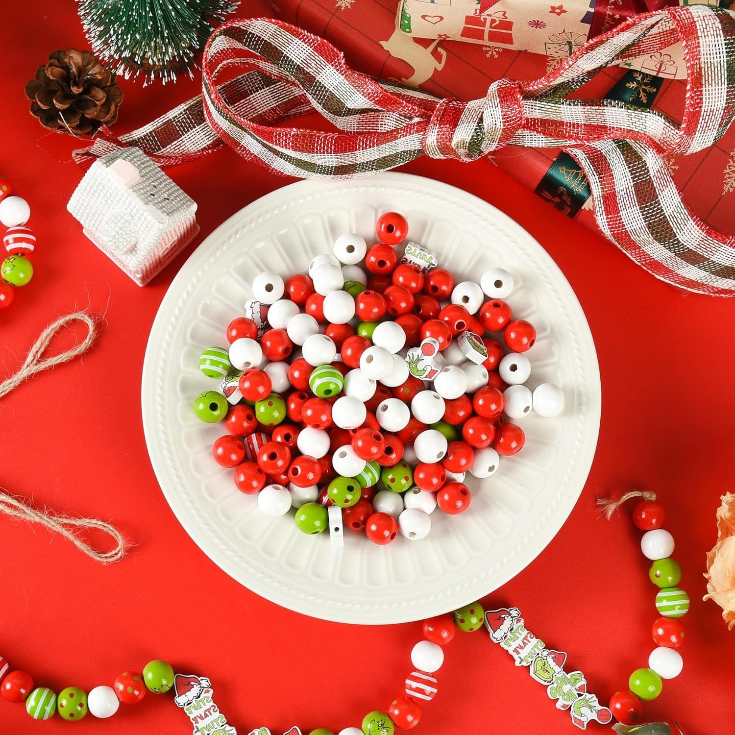 Wooden Christmas Beads - 240 Decorative Red Green Round Craft Beads