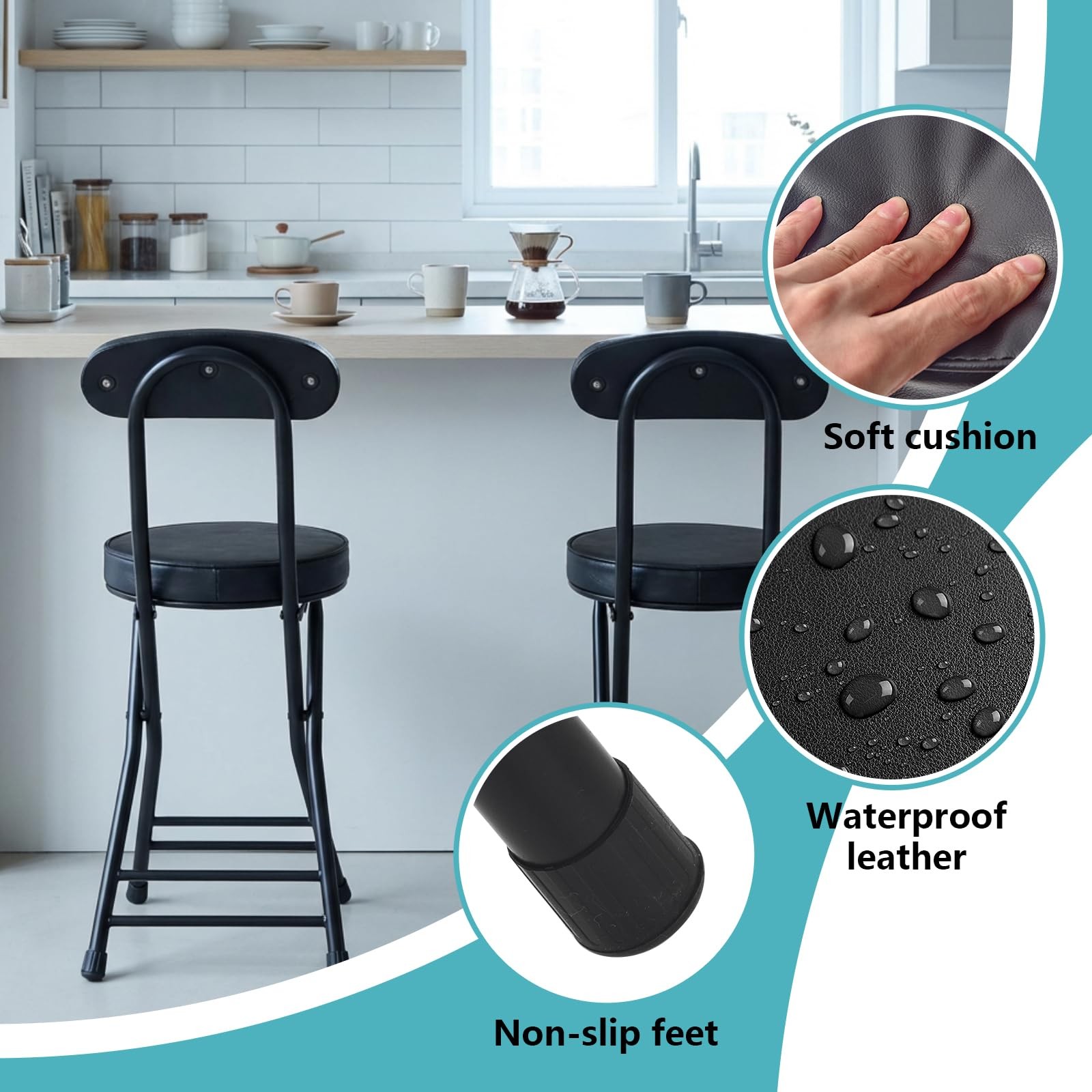 Folding Stool,Cushioned Padded Folding Bar Stool,18inch Black Height Heavy Du...