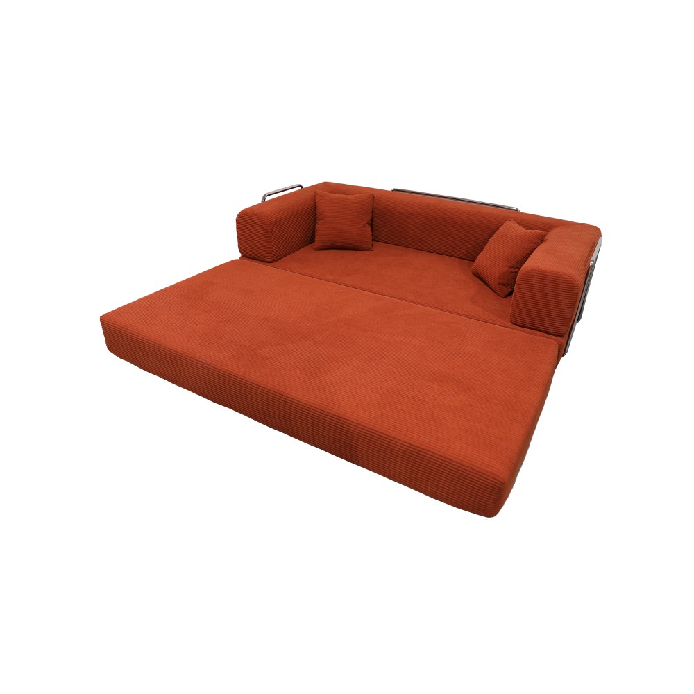 Sleeper Sofa Bed 2-Seater Convertible Couch Corduroy Foam Orange