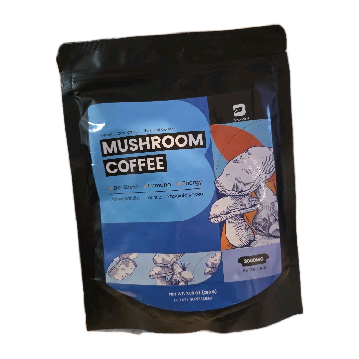 Beworths Mushroom Coffee, 3000MG, 60 Servings, 7.05oz High Caffeine  (B2)